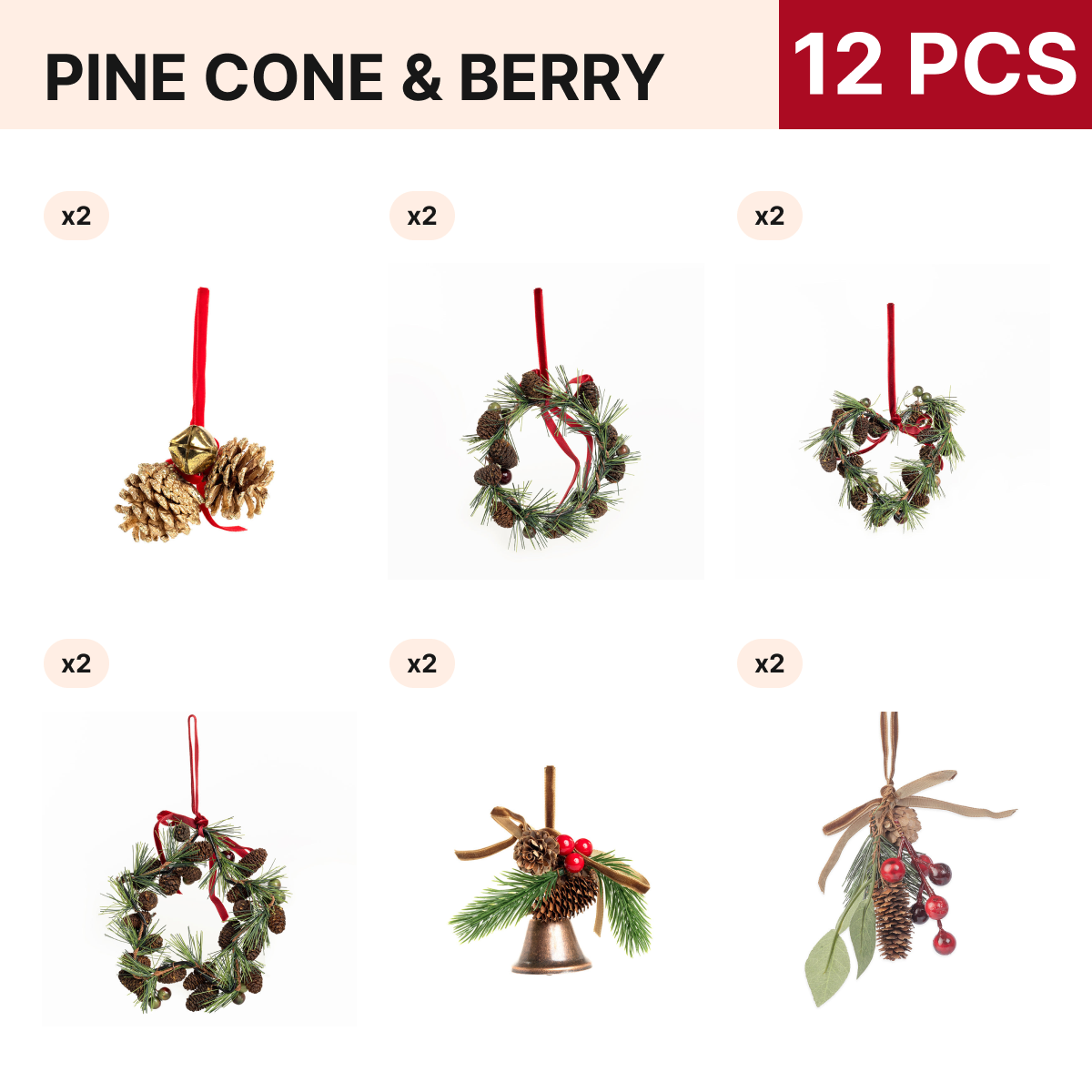 Pine Cone and Berry Christmas Ornament Pack, 12 pieces