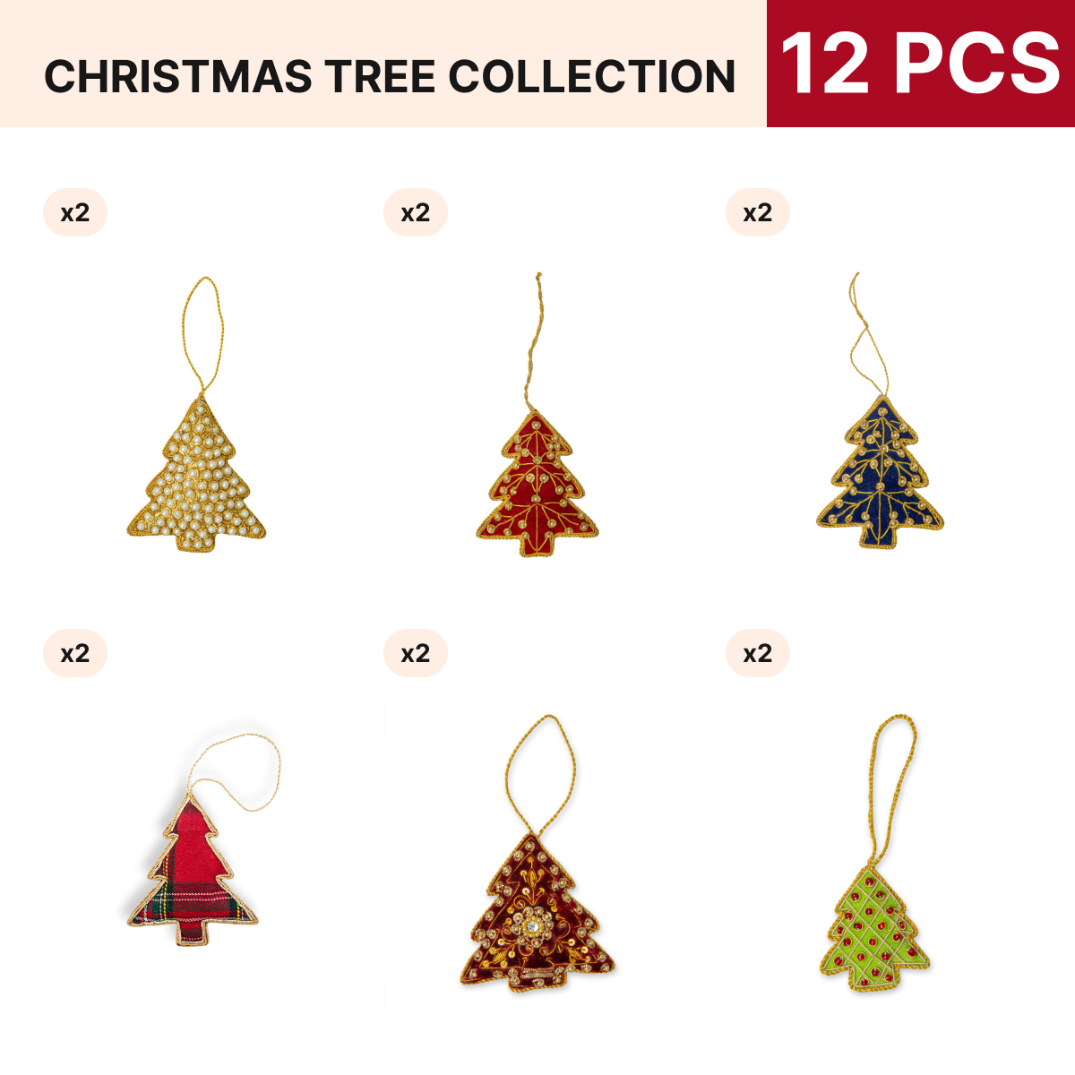 Christmas Tree Collection Ornament Pack, 12 pieces