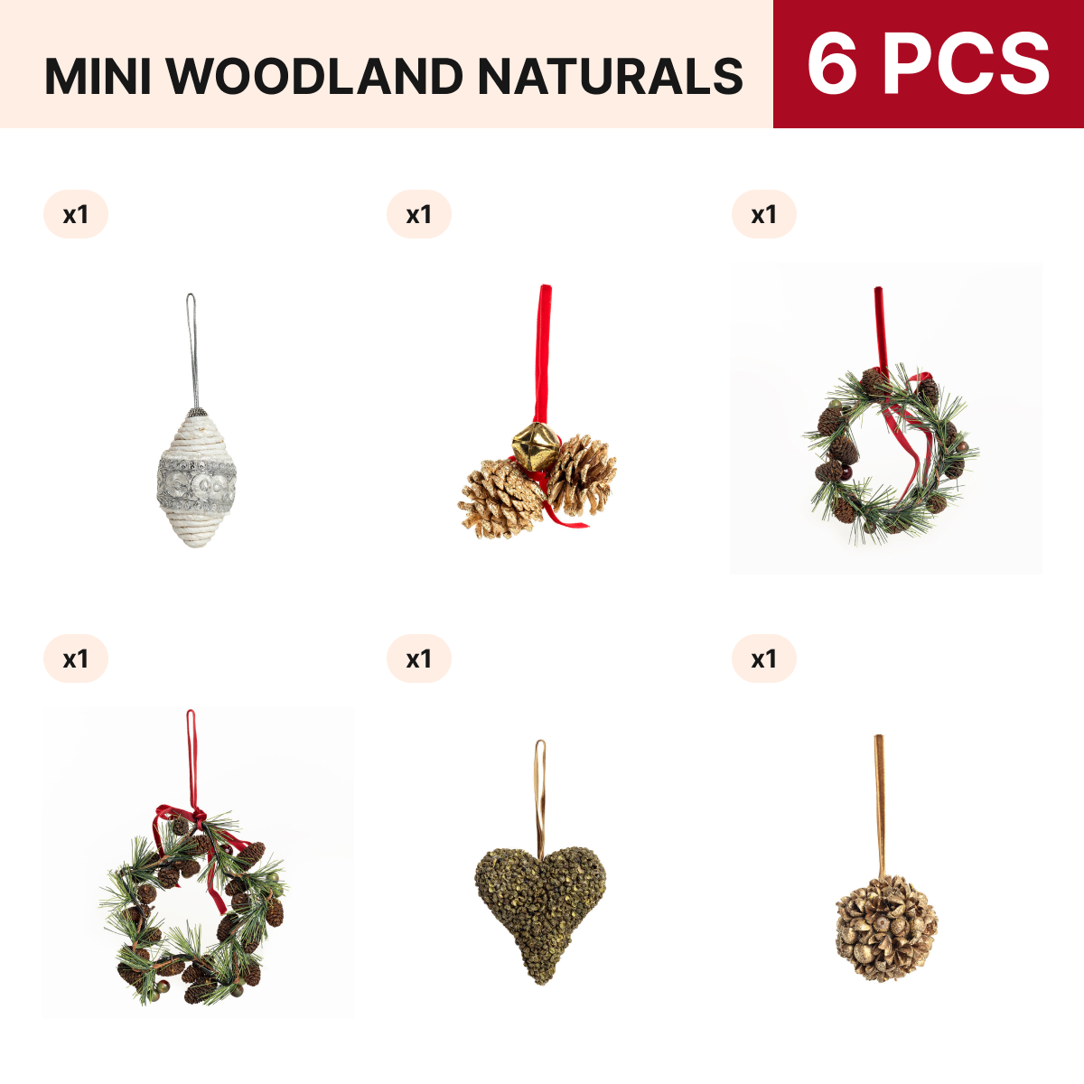 Mini Woodland Naturals Christmas Ornament Pack, 6 pieces