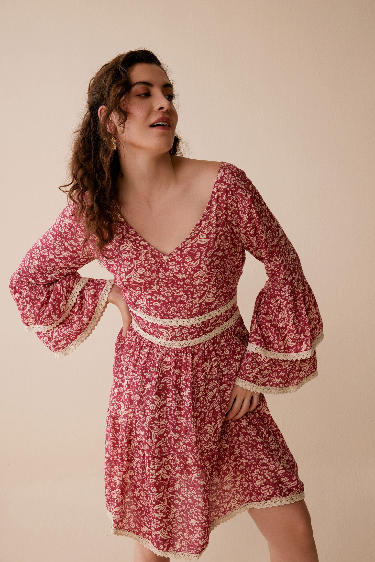 Bohera Rose Lane Flare Sleeve Tie Dress - Myra USA