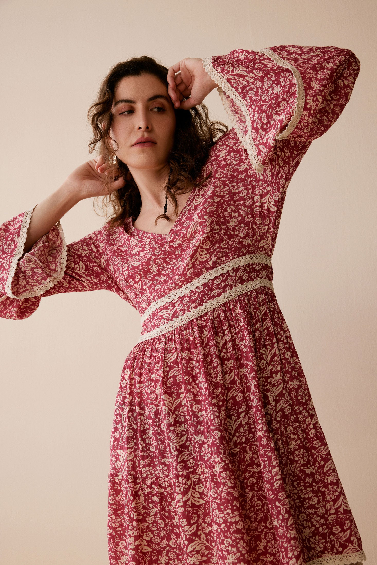Bohera Rose Lane Flare Sleeve Tie Dress - Myra USA