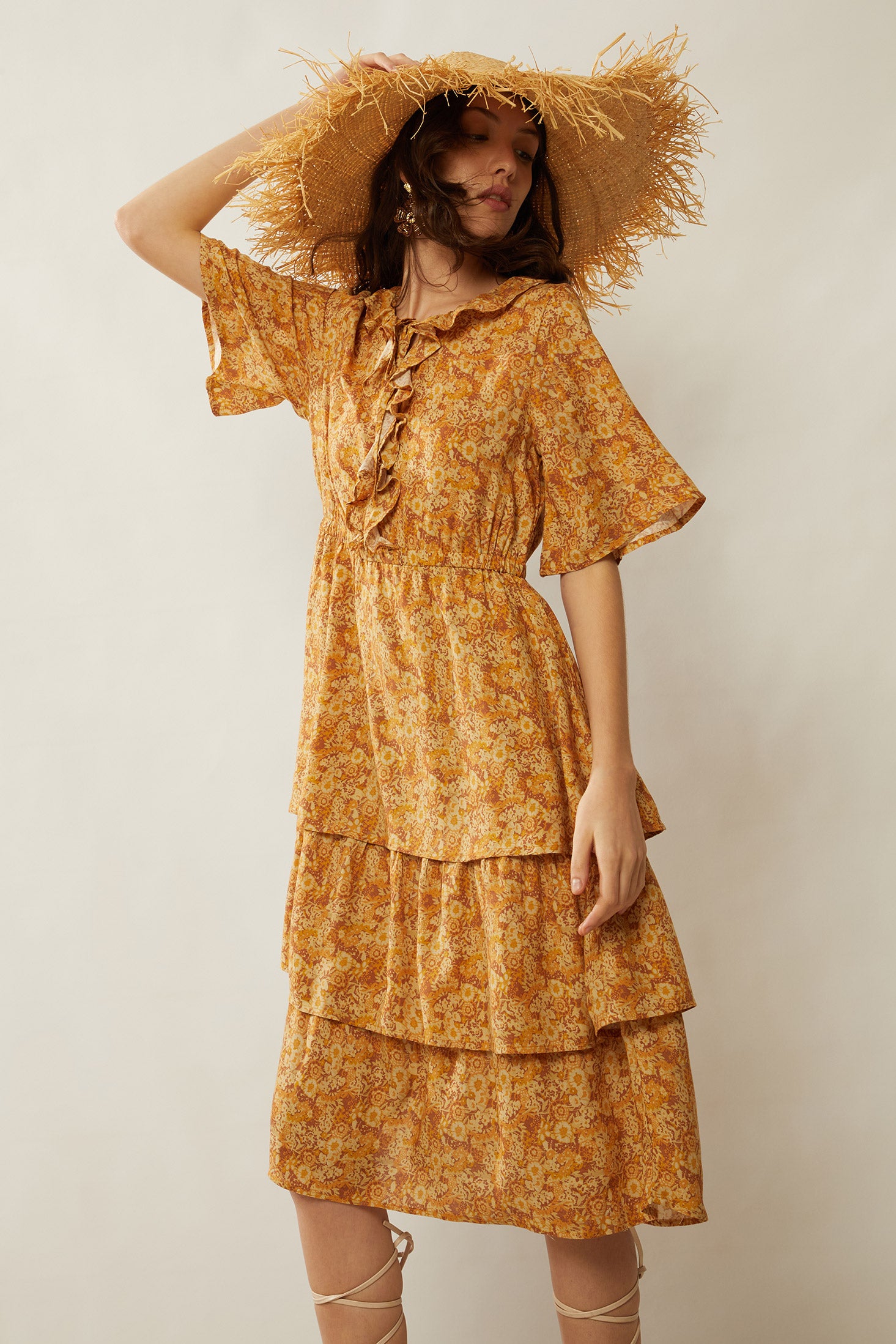 Bohera  Deanna Ruffled Neck Drop Waist Dress - Myra USA