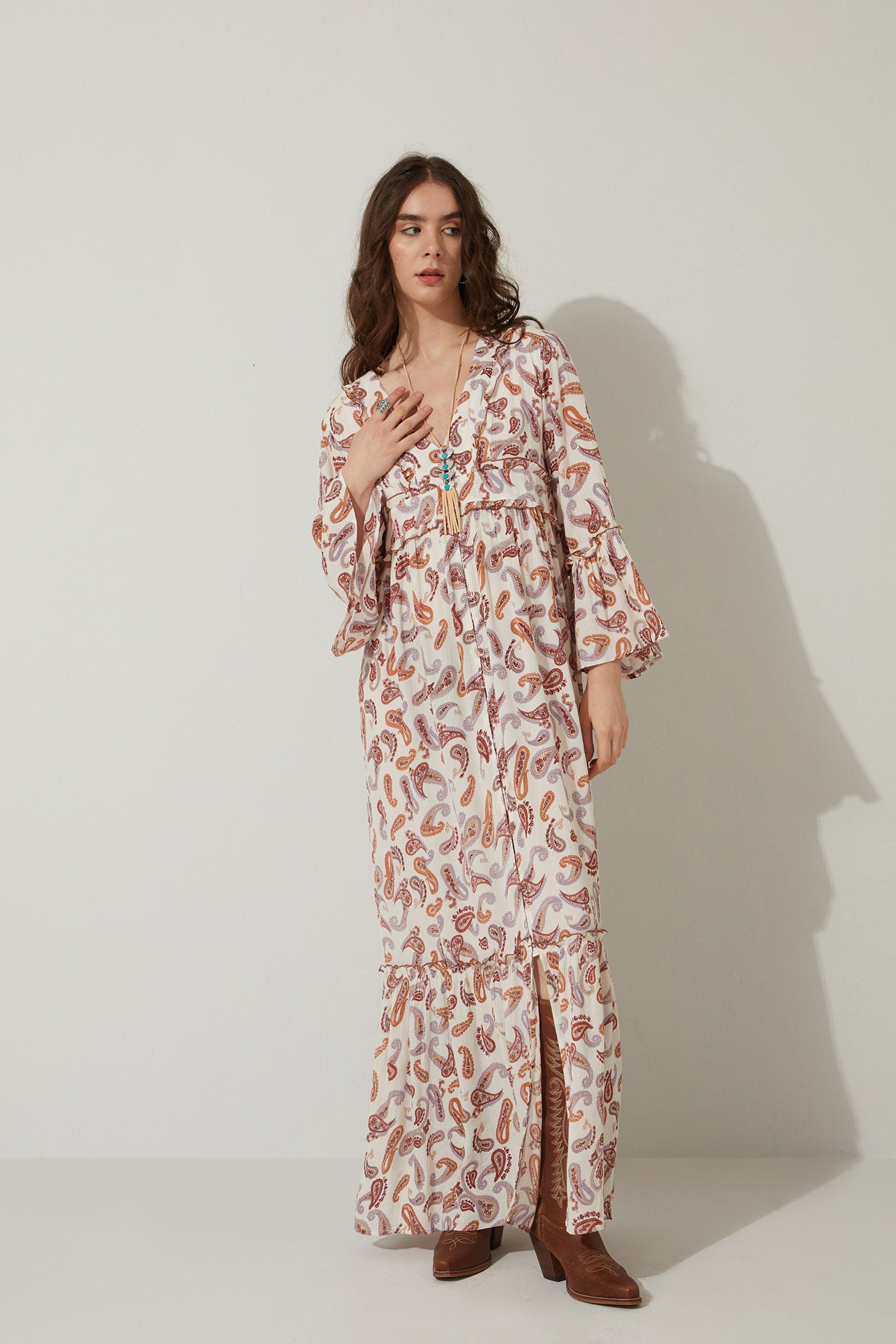 Bohera Carrington V-Neck Full Length Paisley Dress - Myra USA