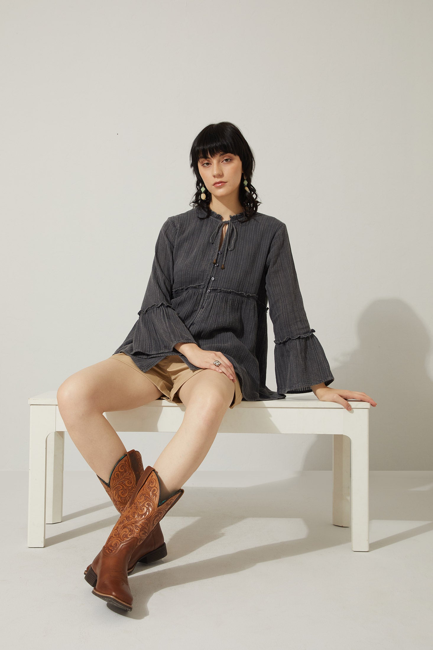 Bohera Kimmee Flared Sleeve Babydoll Denim Wash Top - Myra USA