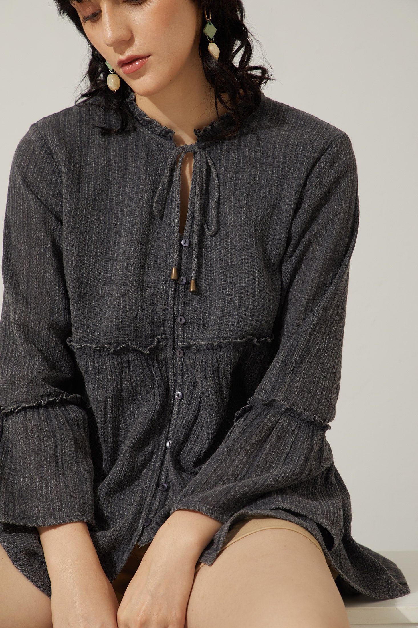 Bohera Kimmee Flared Sleeve Babydoll Denim Wash Top - Myra USA