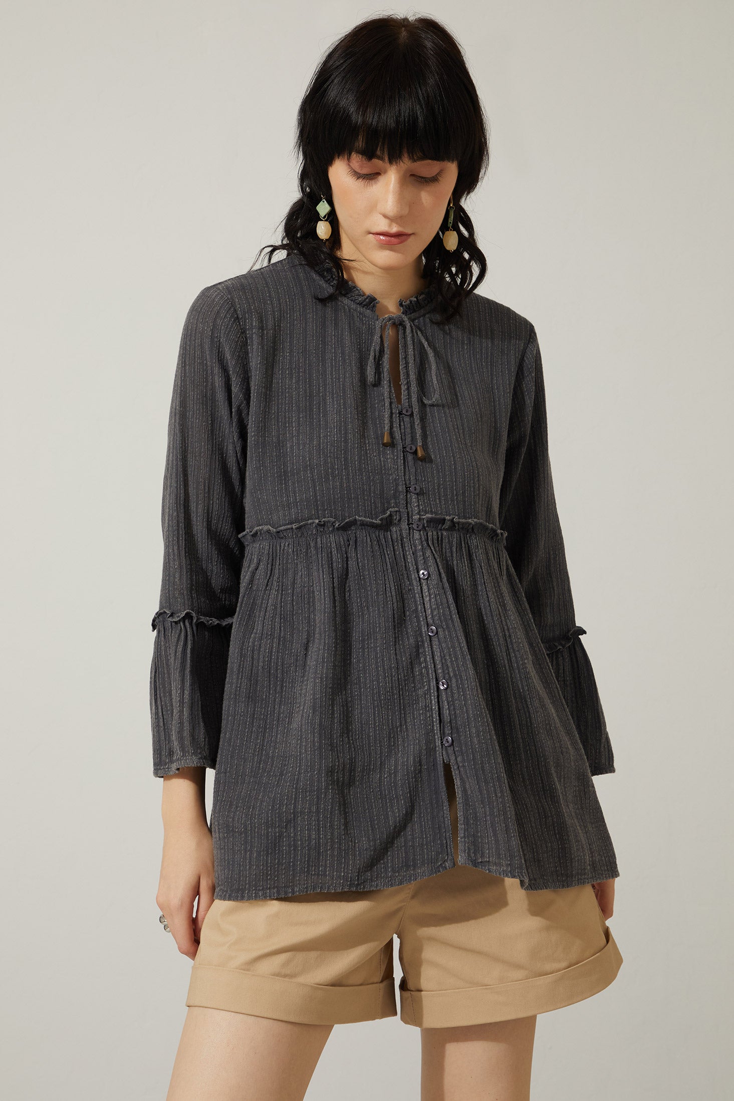 Bohera Kimmee Flared Sleeve Babydoll Denim Wash Top - Myra USA