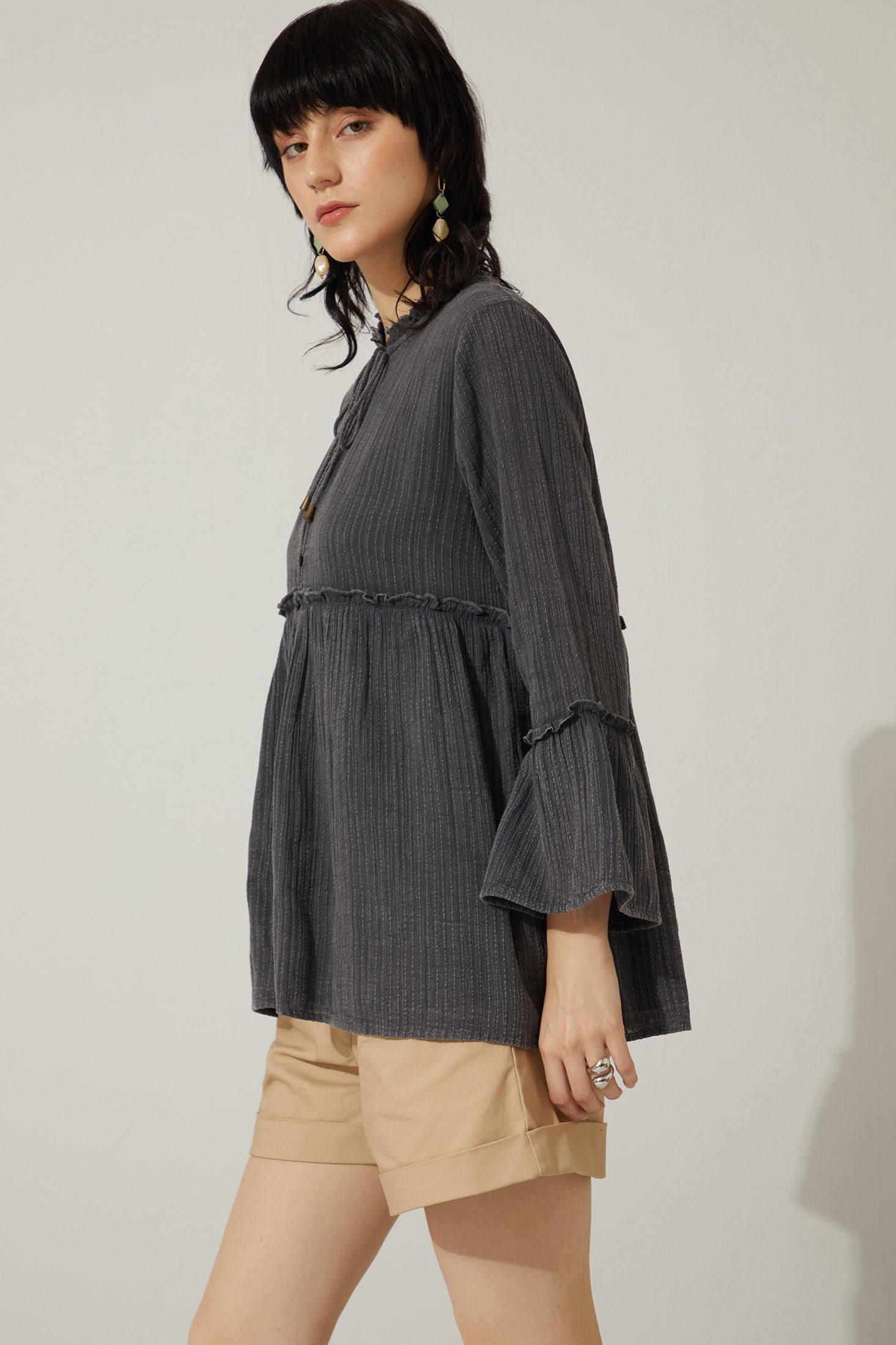 Bohera Kimmee Flared Sleeve Babydoll Denim Wash Top - Myra USA