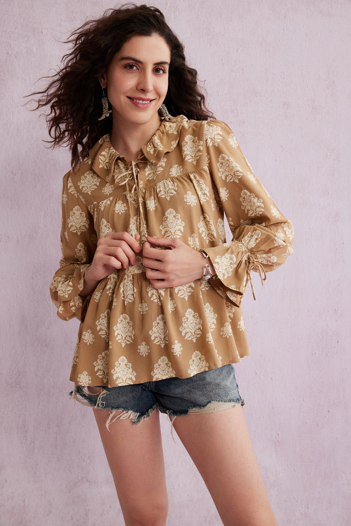 Bohera Ruthie Tie Collar Flared Sleeve Top - Myra USA