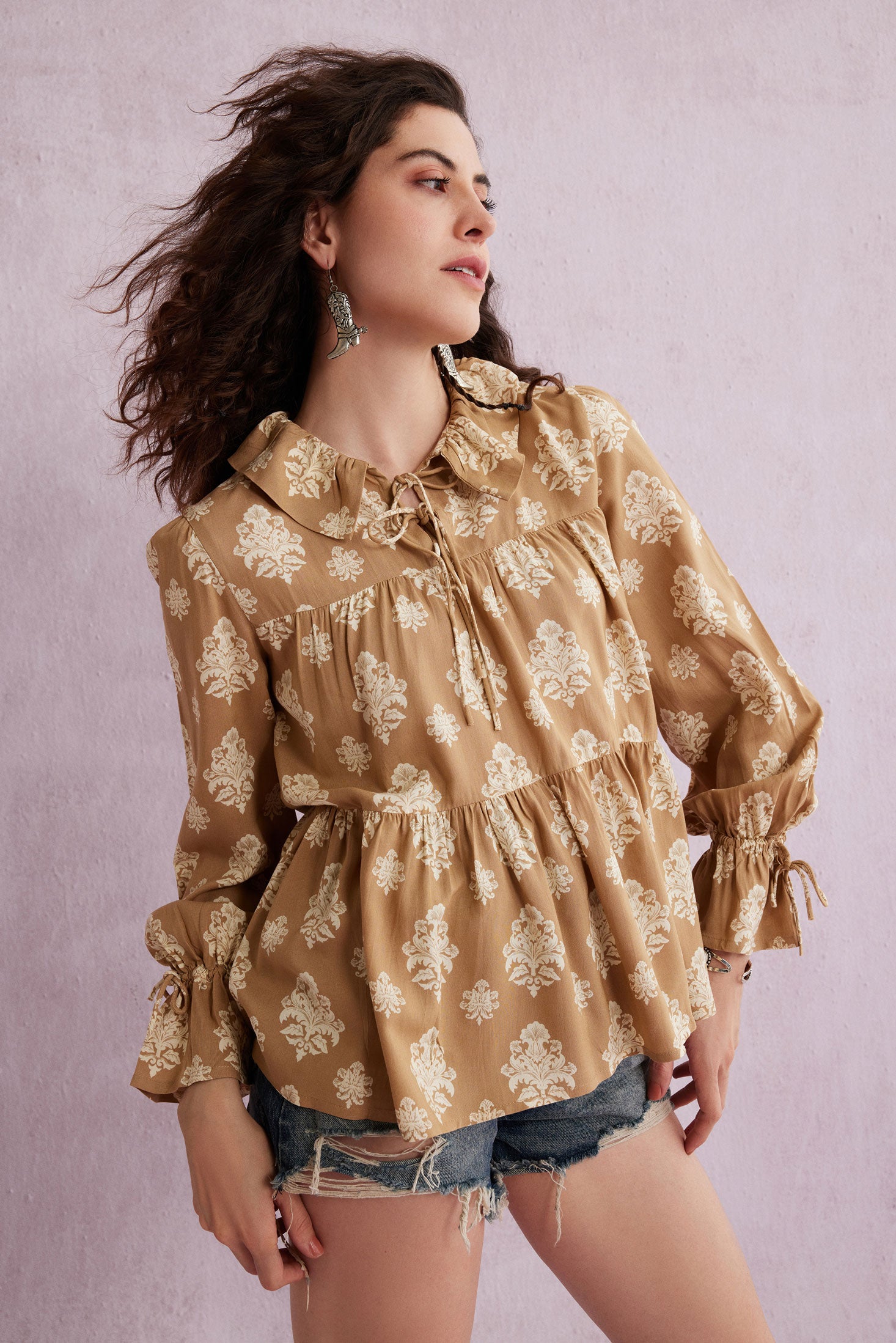 Bohera Ruthie Tie Collar Flared Sleeve Top - Myra USA