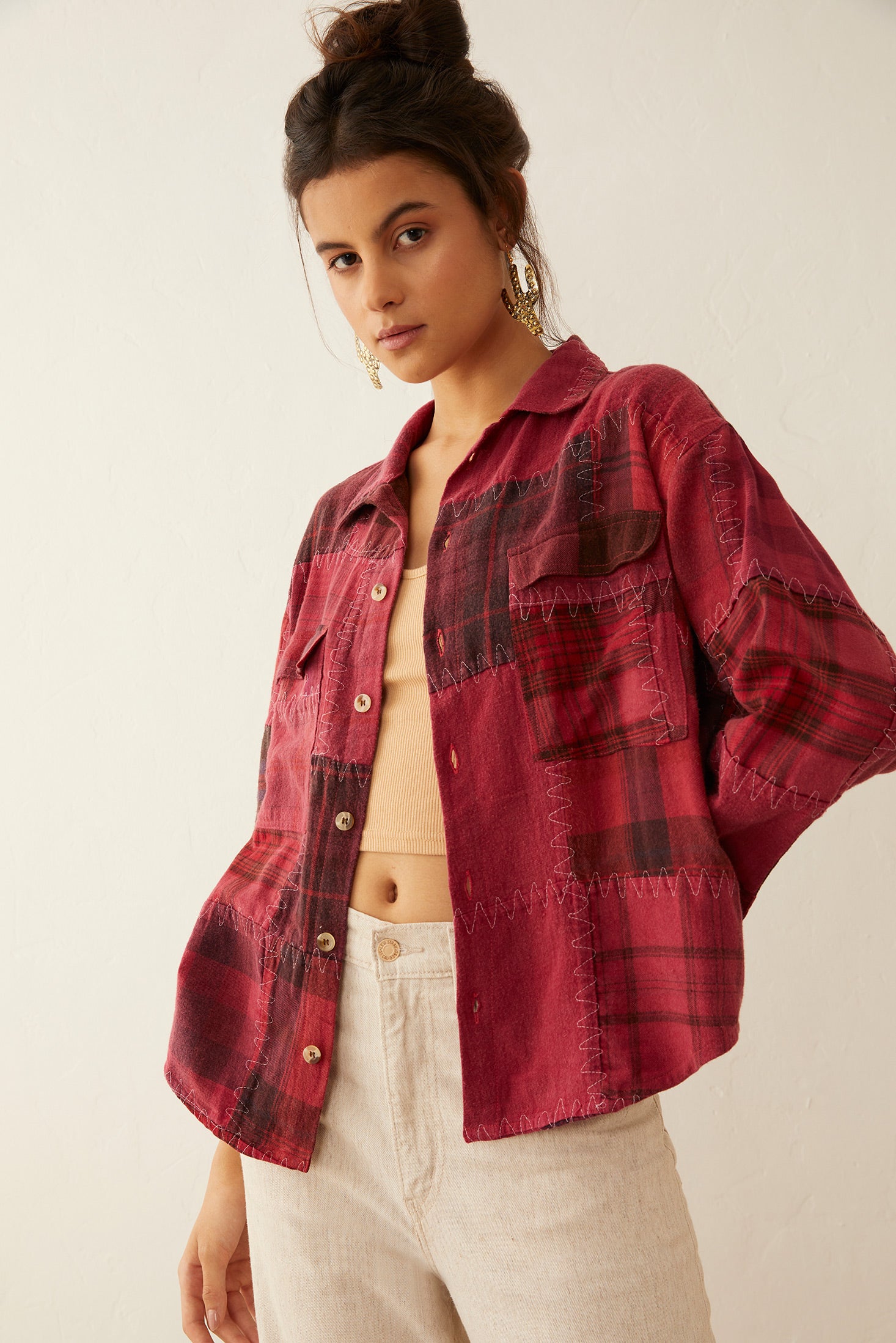 Emma Dawn Patchwork Shacket in Red - Myra USA