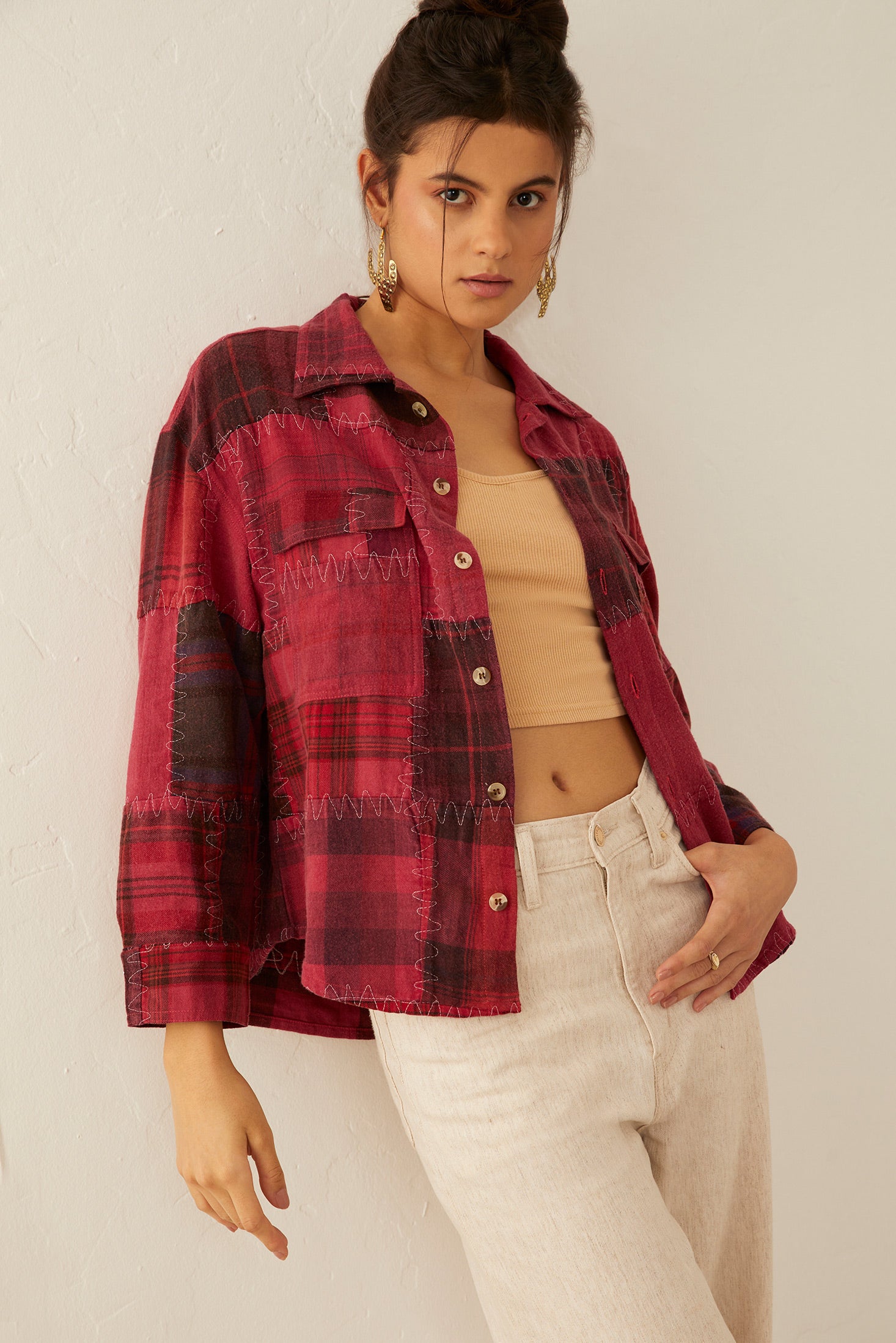 Emma Dawn Patchwork Shacket in Red - Myra USA