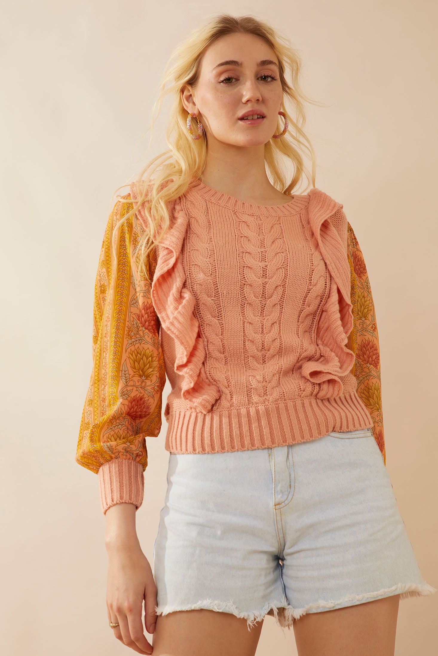 Penelope Ruffled Sweater in Peach - Myra USA