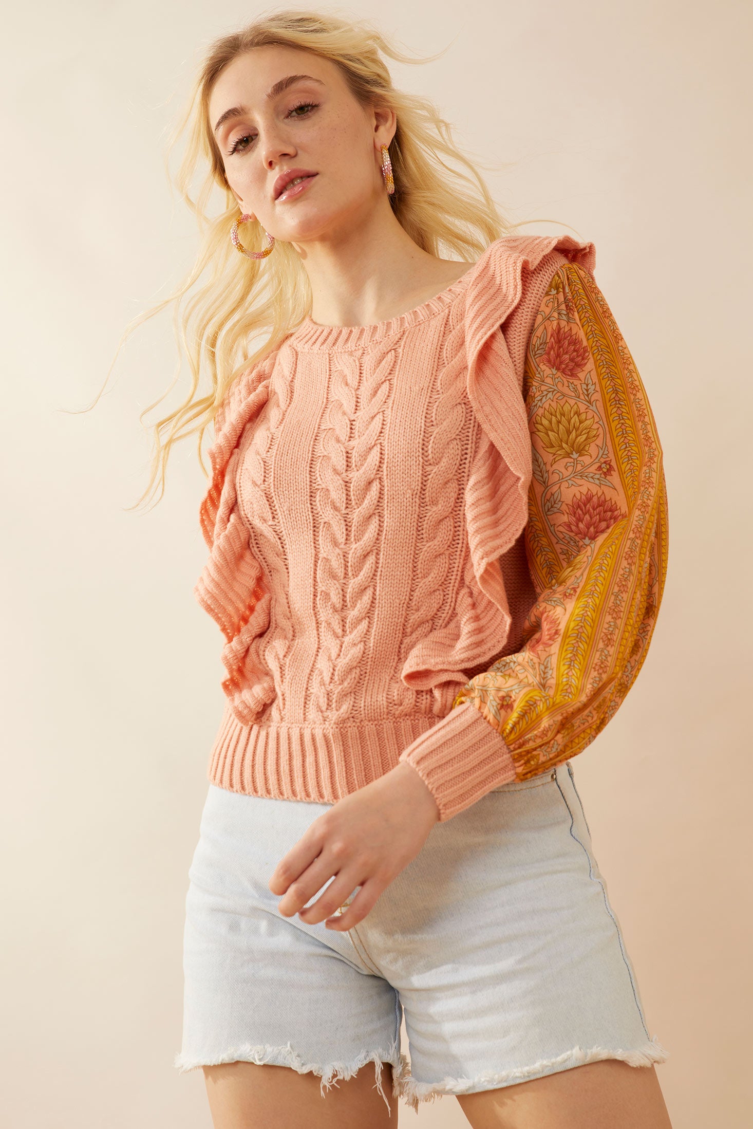 Penelope Ruffled Sweater in Peach - Myra USA