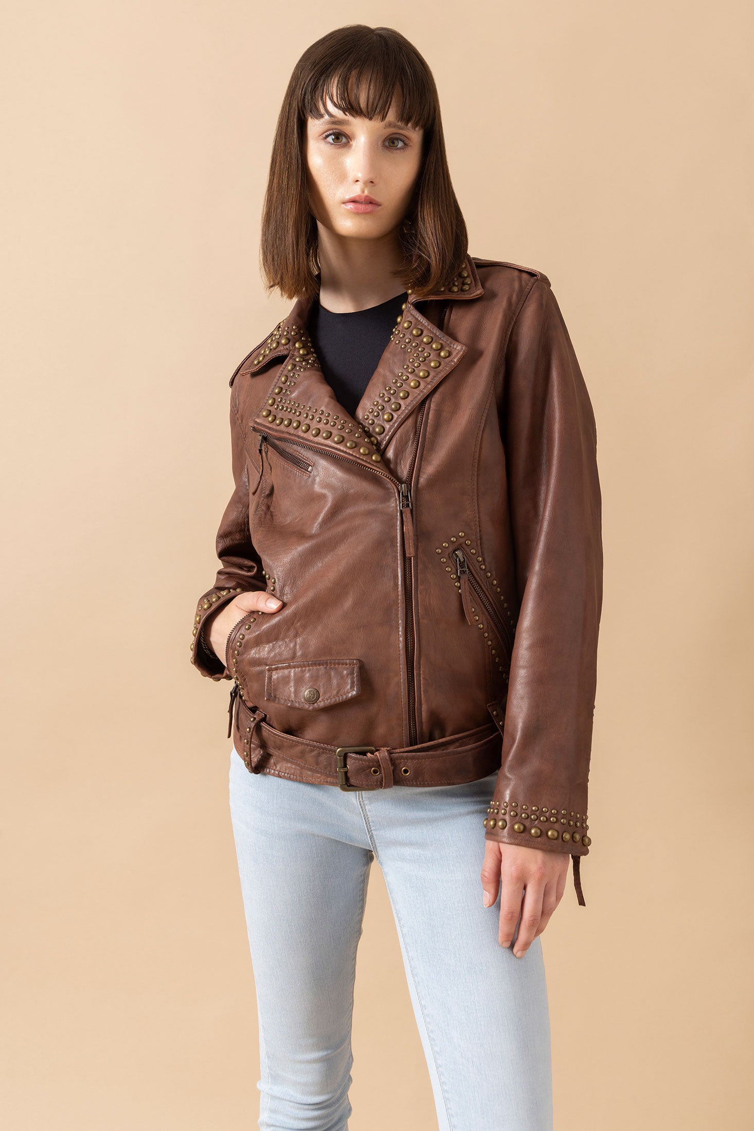 Aansila Leather Jacket In Chocolate Brown - Myra USA