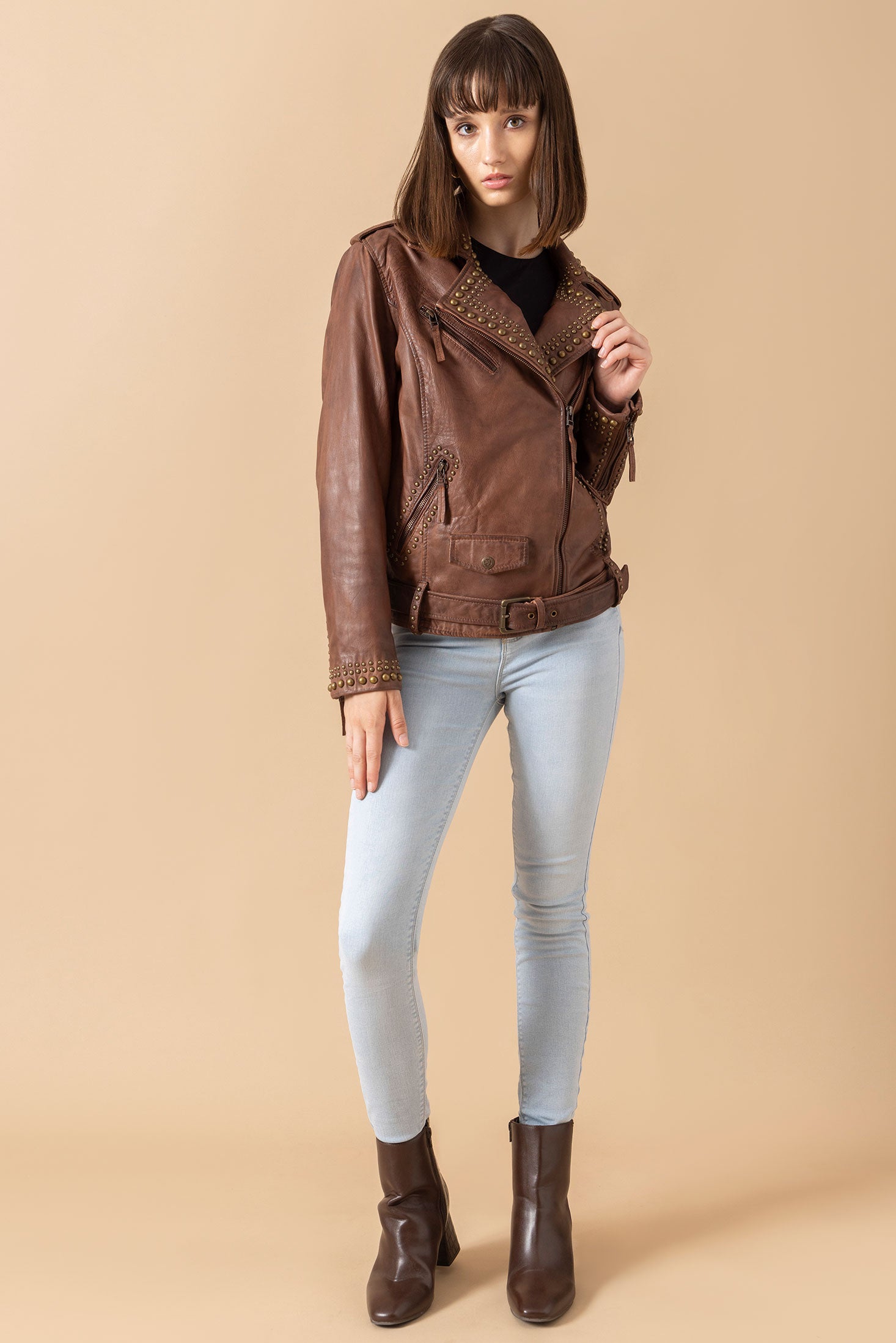 Aansila Leather Jacket In Chocolate Brown - Myra USA