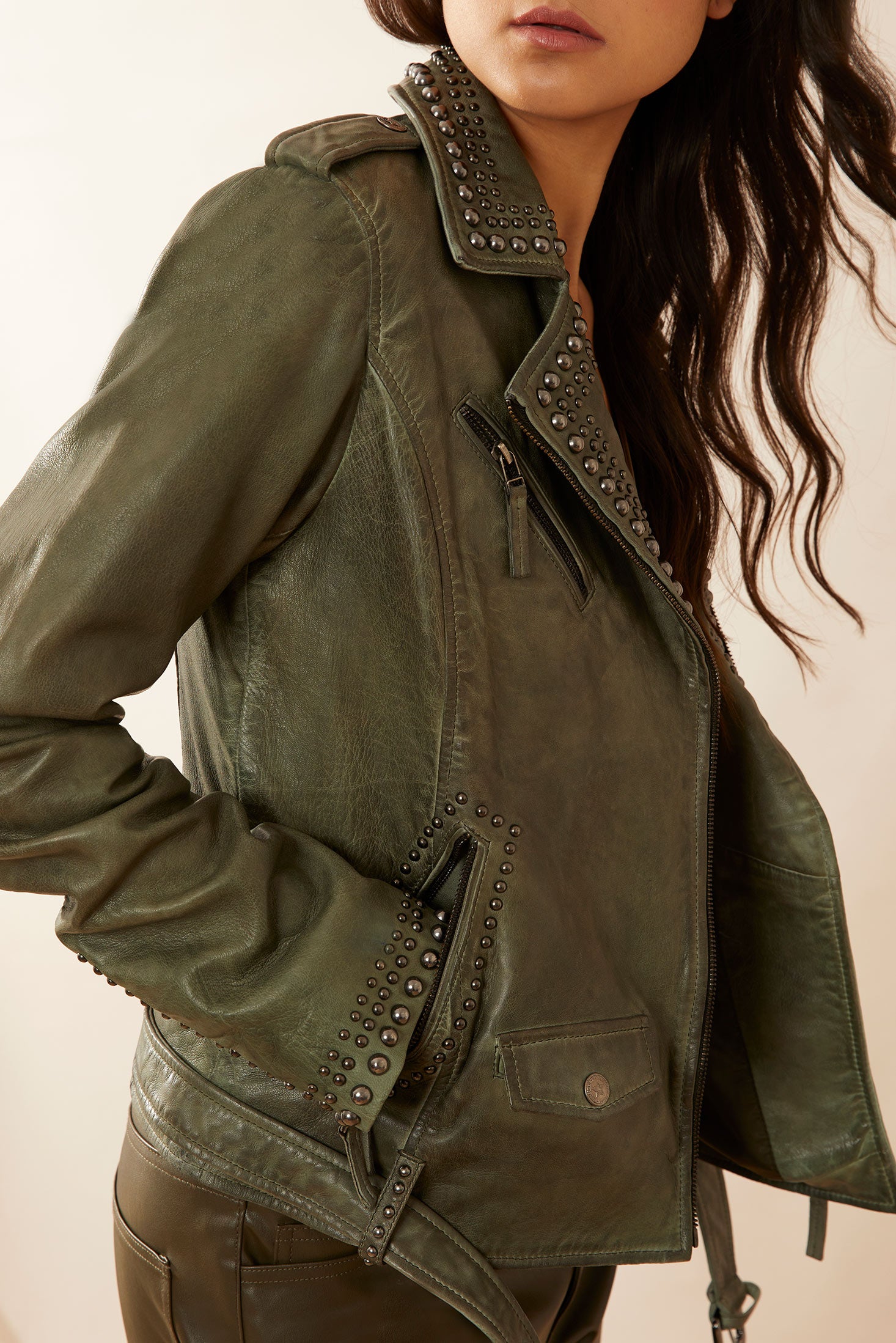 Aansila Leather Jacket In Fern Grotto Green - Myra USA