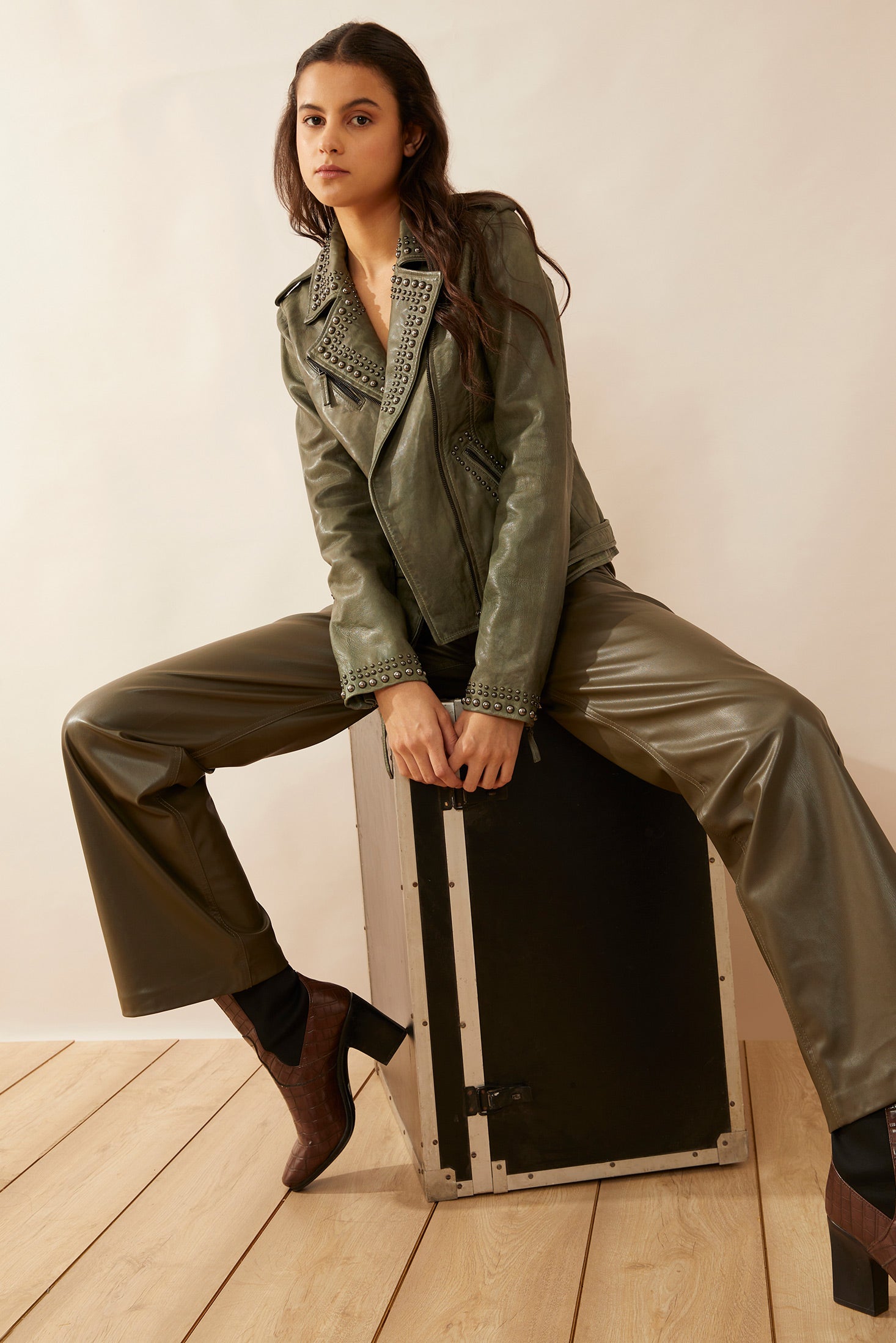 Aansila Leather Jacket In Fern Grotto Green - Myra USA