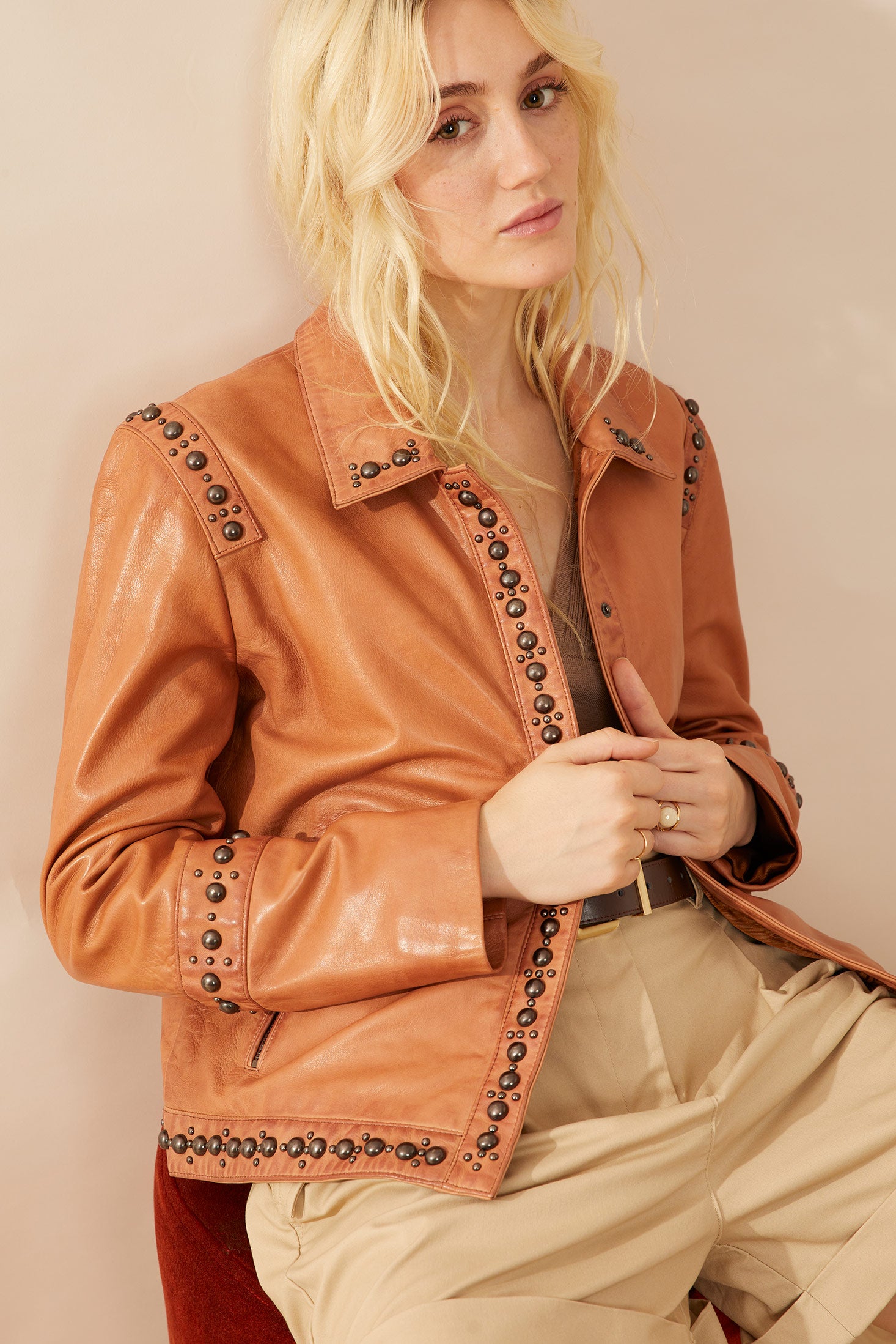 Octavia Jane Leather Jacket in Camel - Myra USA