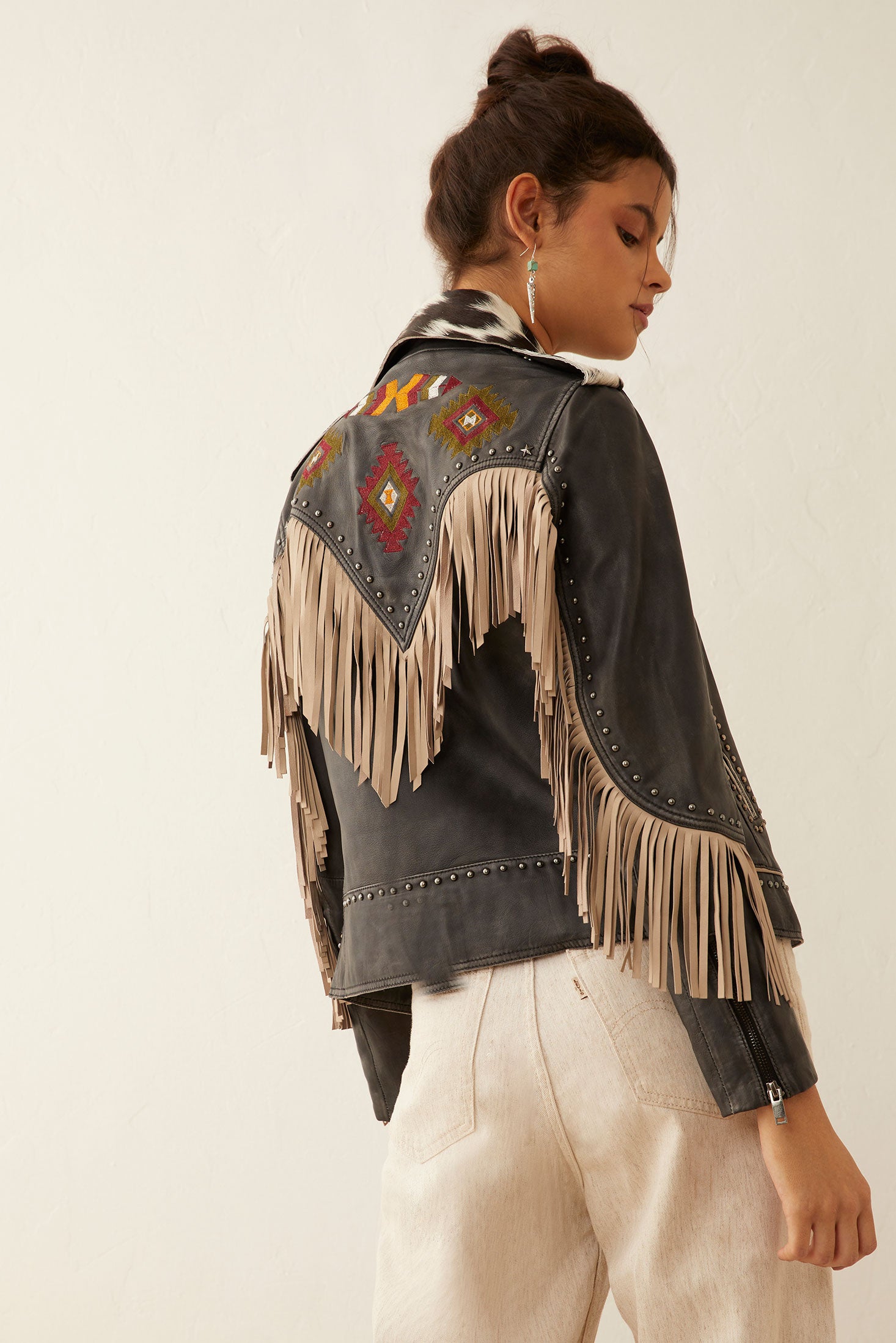 Phoenix Fringed Leather Jacket In Ebony - Myra USA