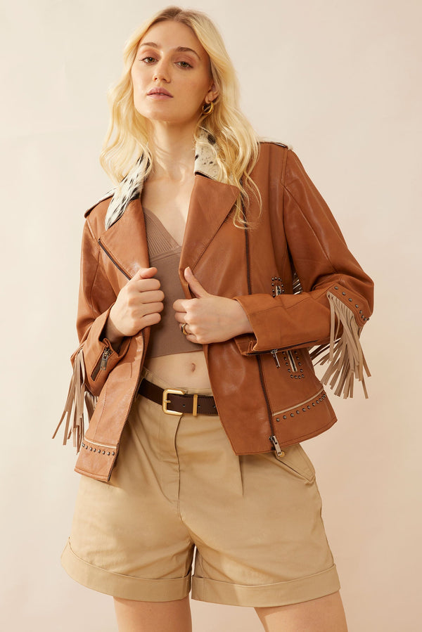 Phoenix Fringed Leather Jacket In Camel - Myra USA