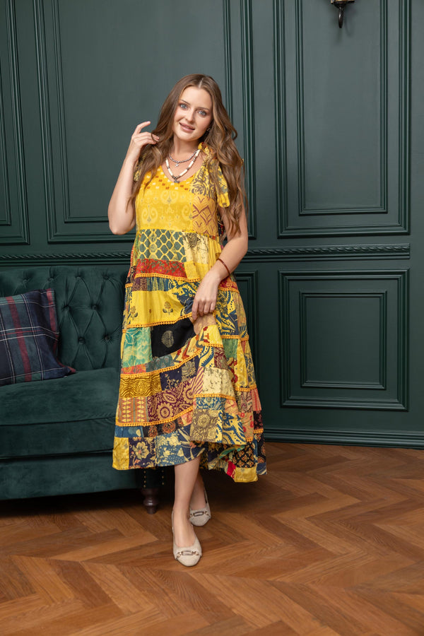 Savannah's Serendipity Patchwork Dress In Yellow - Myra USA
