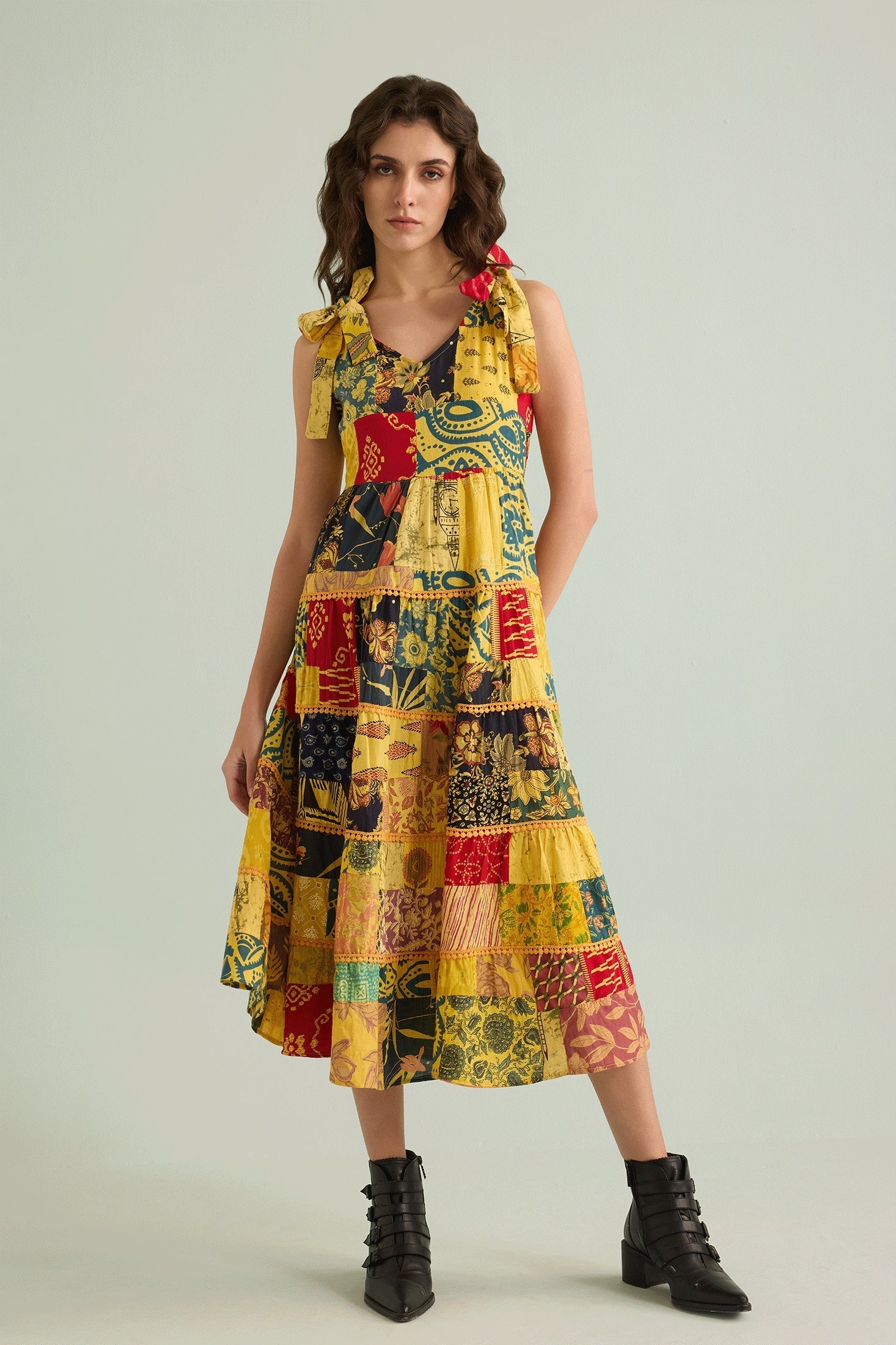 Savannah's Serendipity Patchwork Dress In Yellow