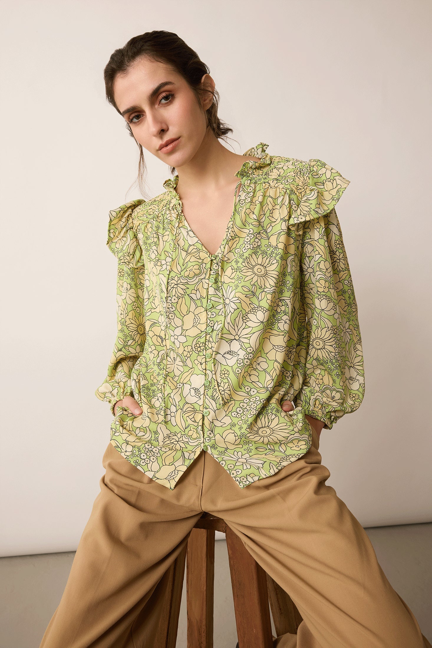 Morgan Mia Ruffled Top In Green - Myra USA