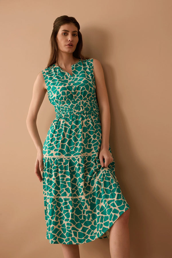 Destiny Pattern Empire Waist Dress In Turquoise - Myra USA