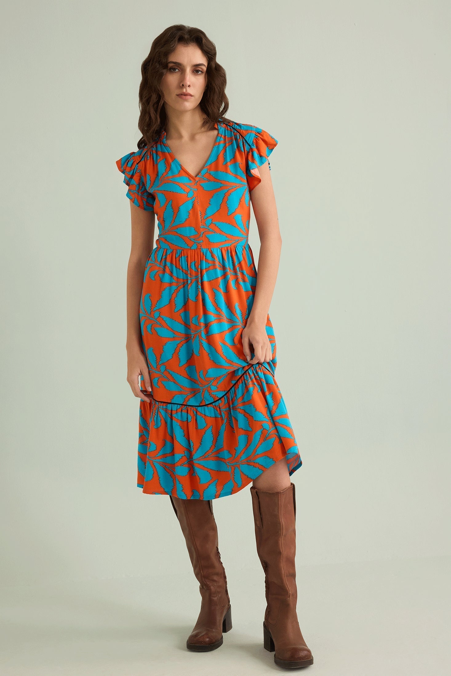 Bold & Beautiful Empire Waist Dress In Orange And Blue - Myra USA