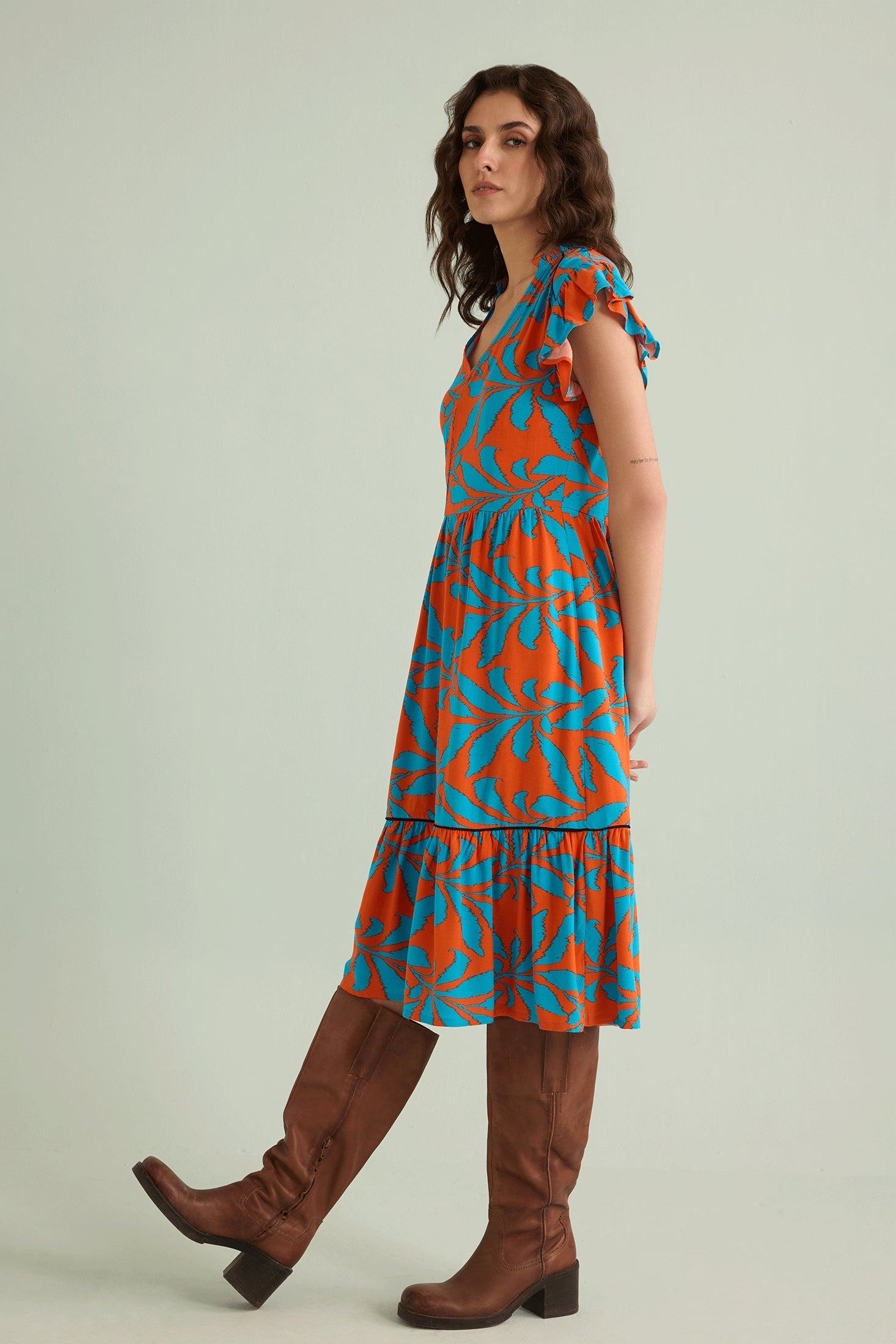Bold & Beautiful Empire Waist Dress In Orange And Blue - Myra USA