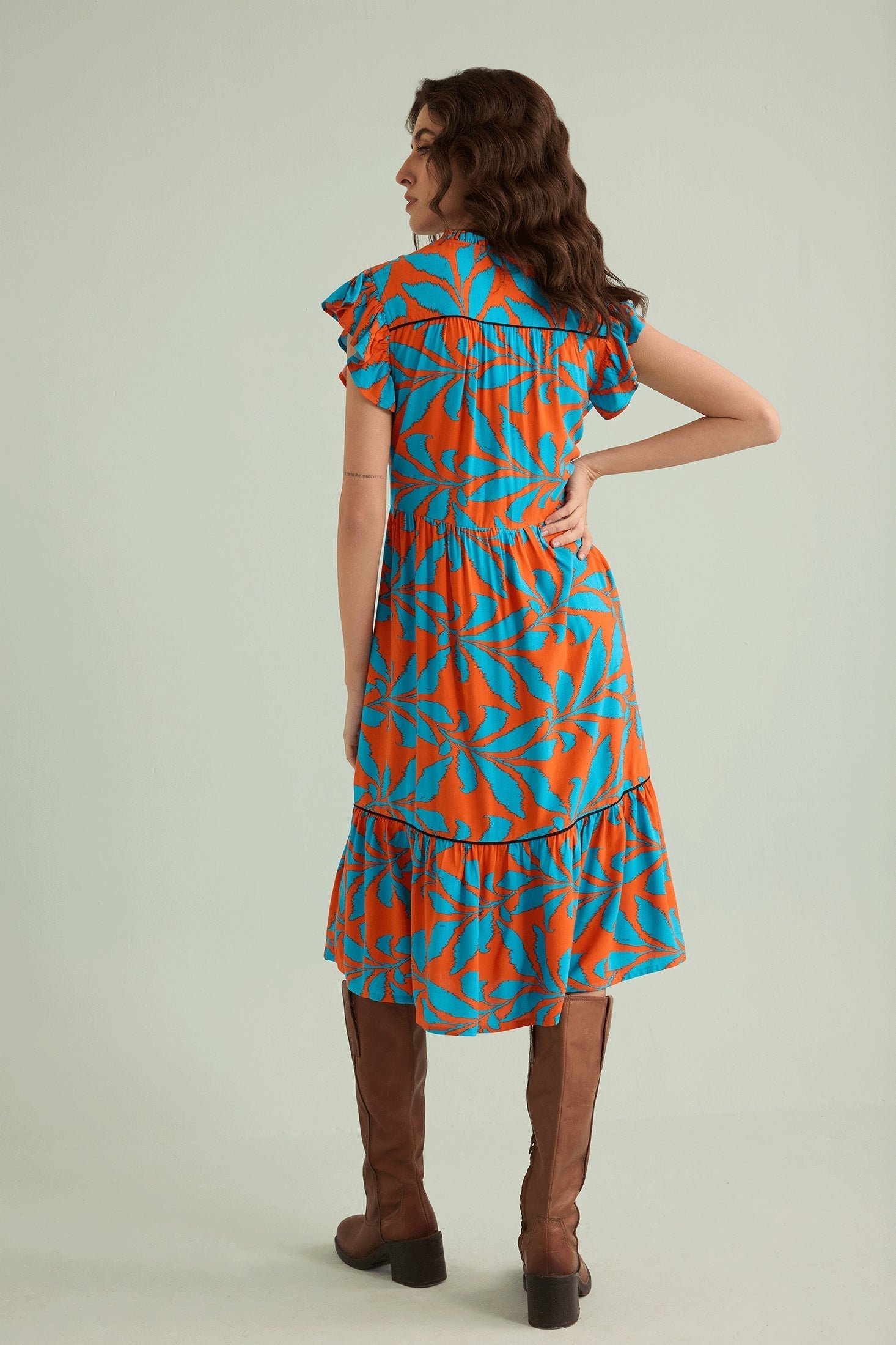 Bold & Beautiful Empire Waist Dress In Orange And Blue - Myra USA