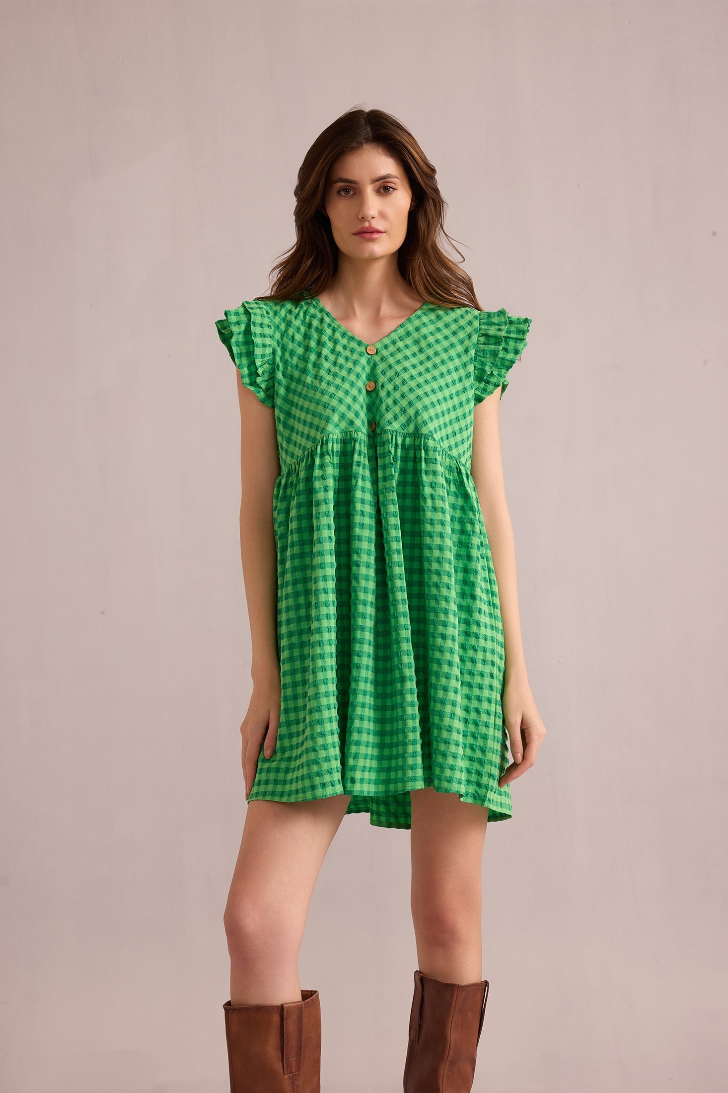 Sophie Checkered Print Dress In Green - Myra USA