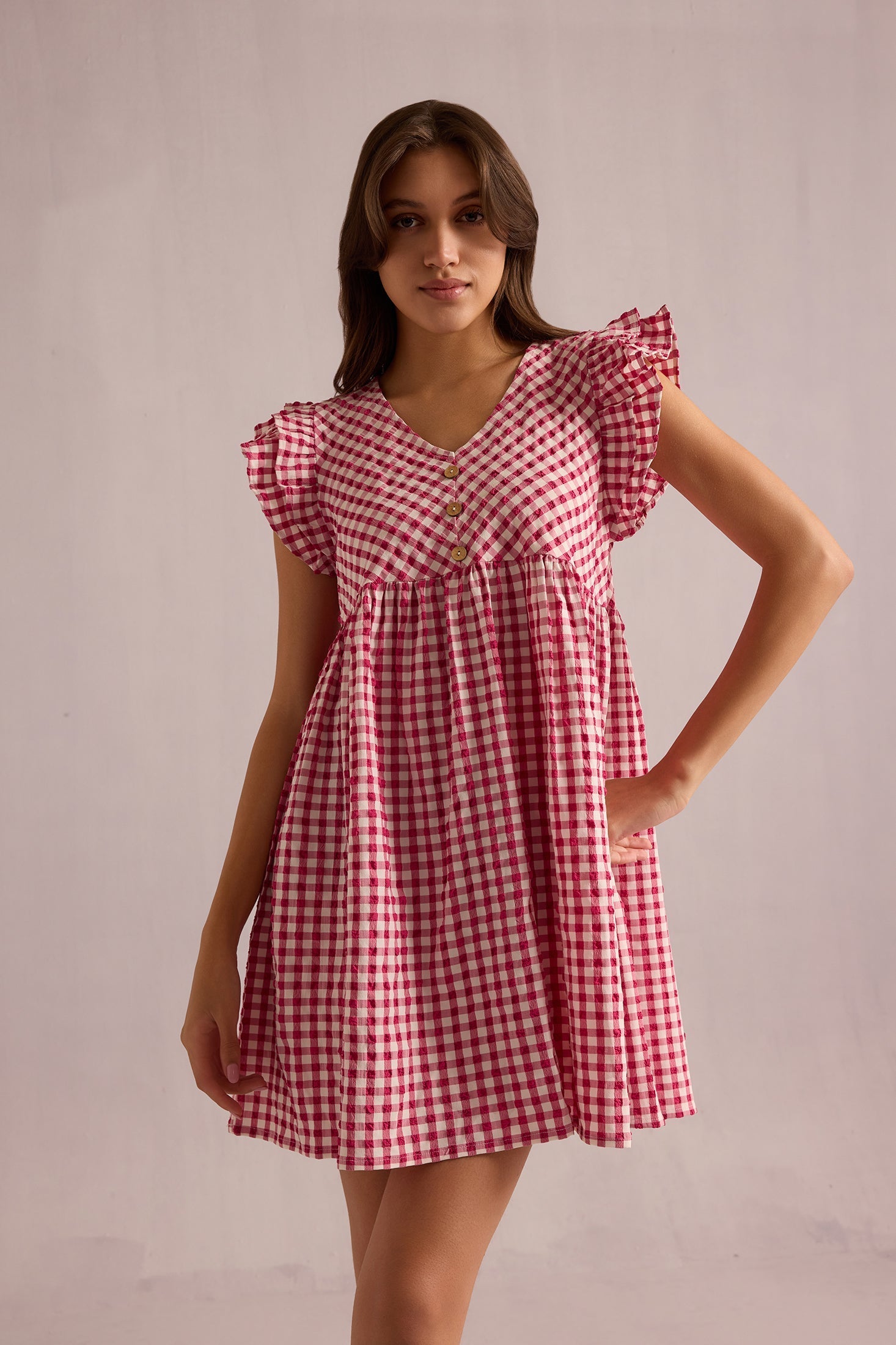 Sophie Checkered Print Dress In Pink - Myra USA