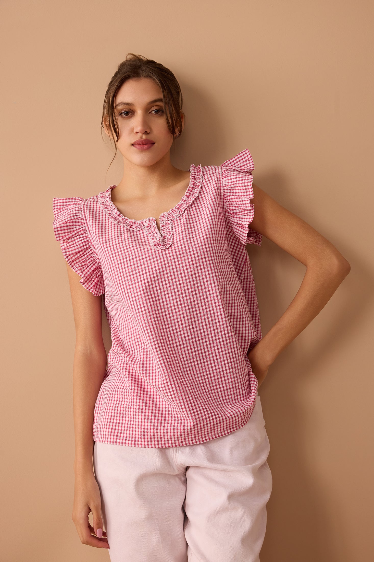 Peyton Gingham Top In Light Pink - Myra USA
