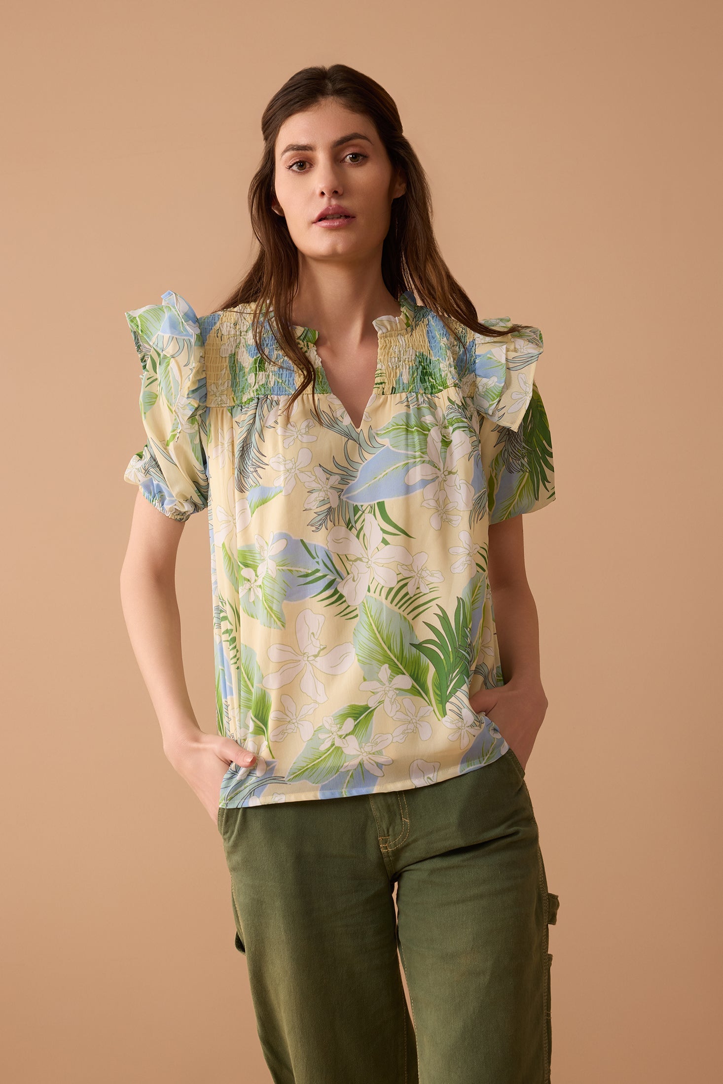Laura Lee's Print Top In Yellow and Green - Myra USA
