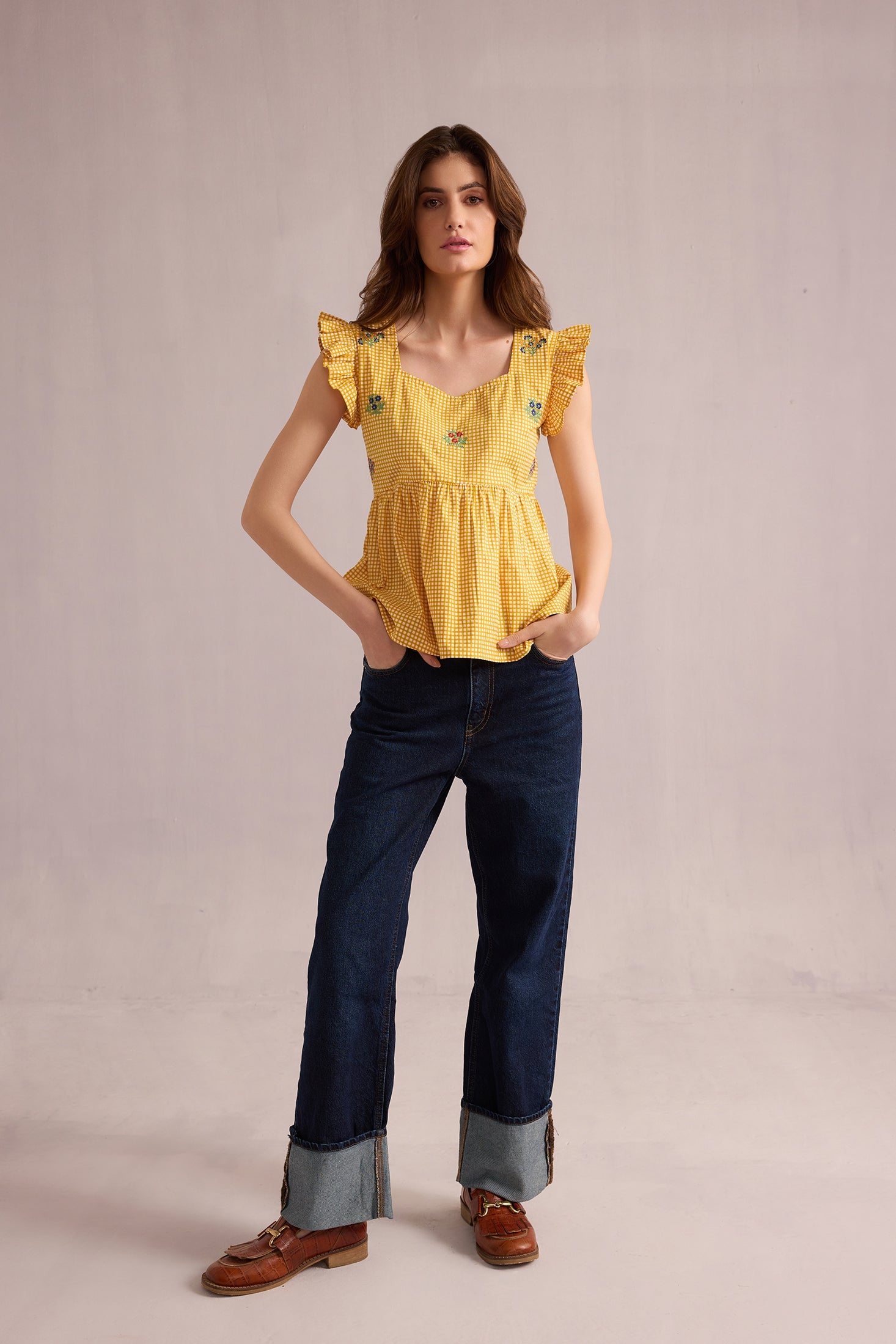 Angelina Yellow Gingham Top In Yellow - Myra USA