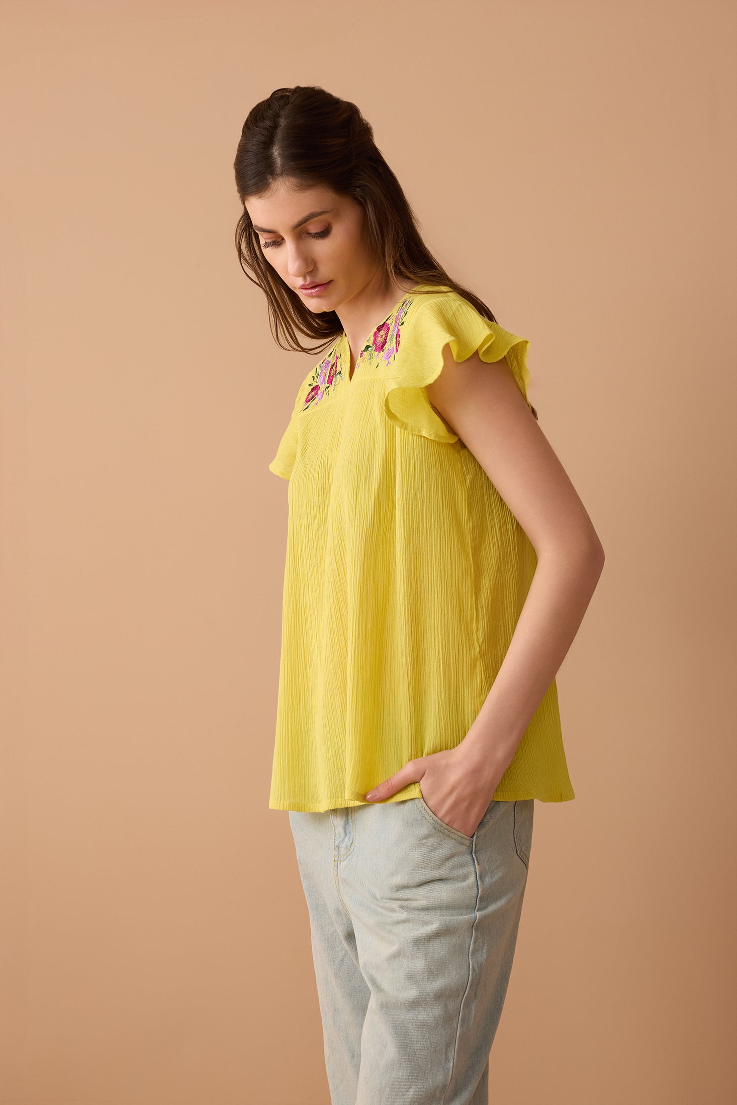 Calanthe Embroidered Top In Yellow - Myra USA
