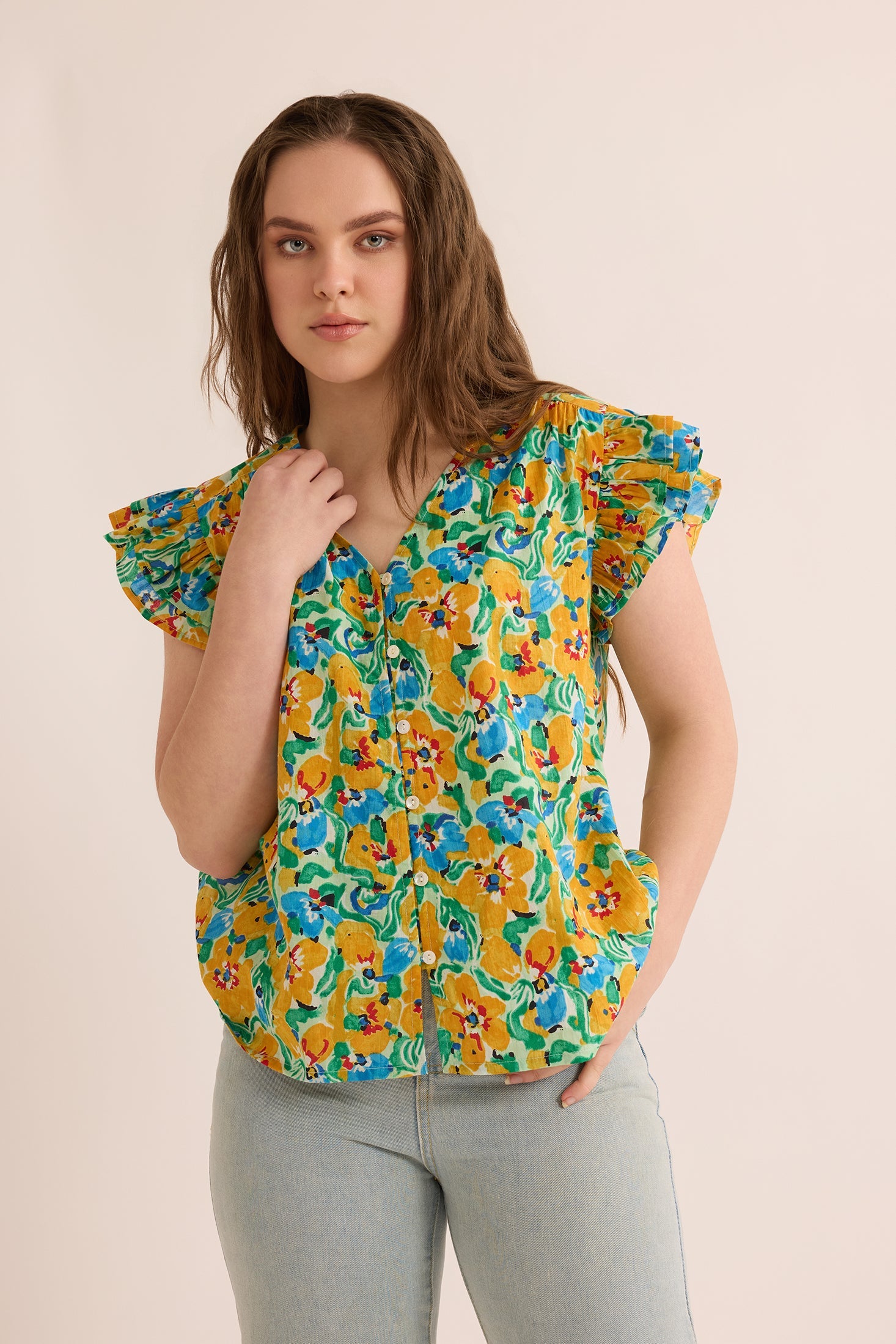 Leilani Floral Pattern Top In Yellow and Blue - Myra USA
