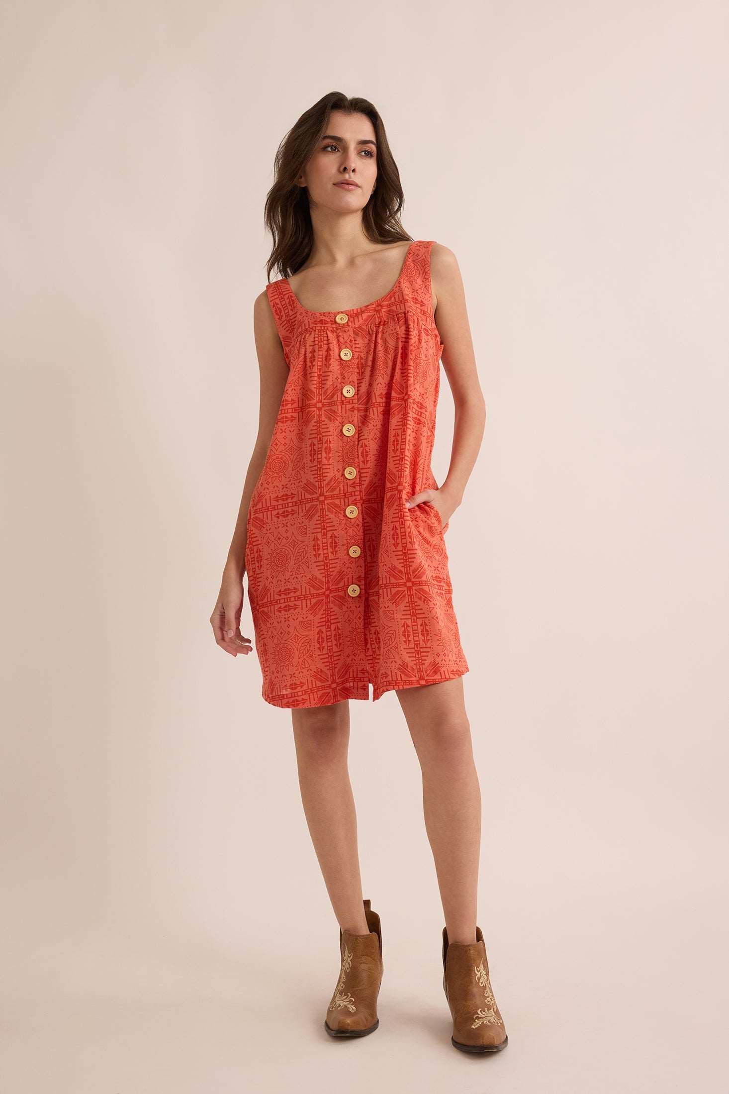 Talia Tribal Pattern Dress In Peach - Myra USA