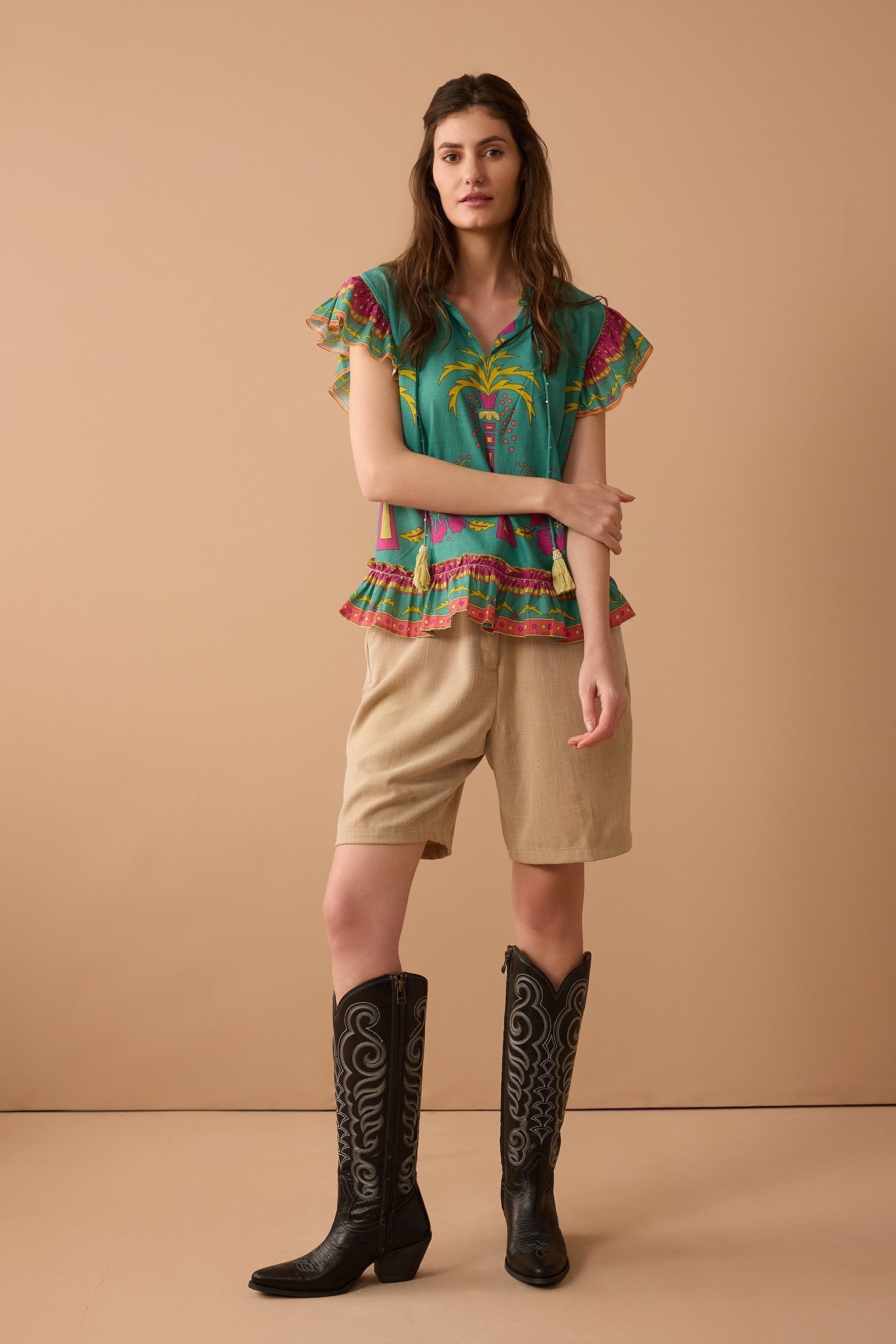 Coconut Island Ruffled Top In Turquoise - Myra USA