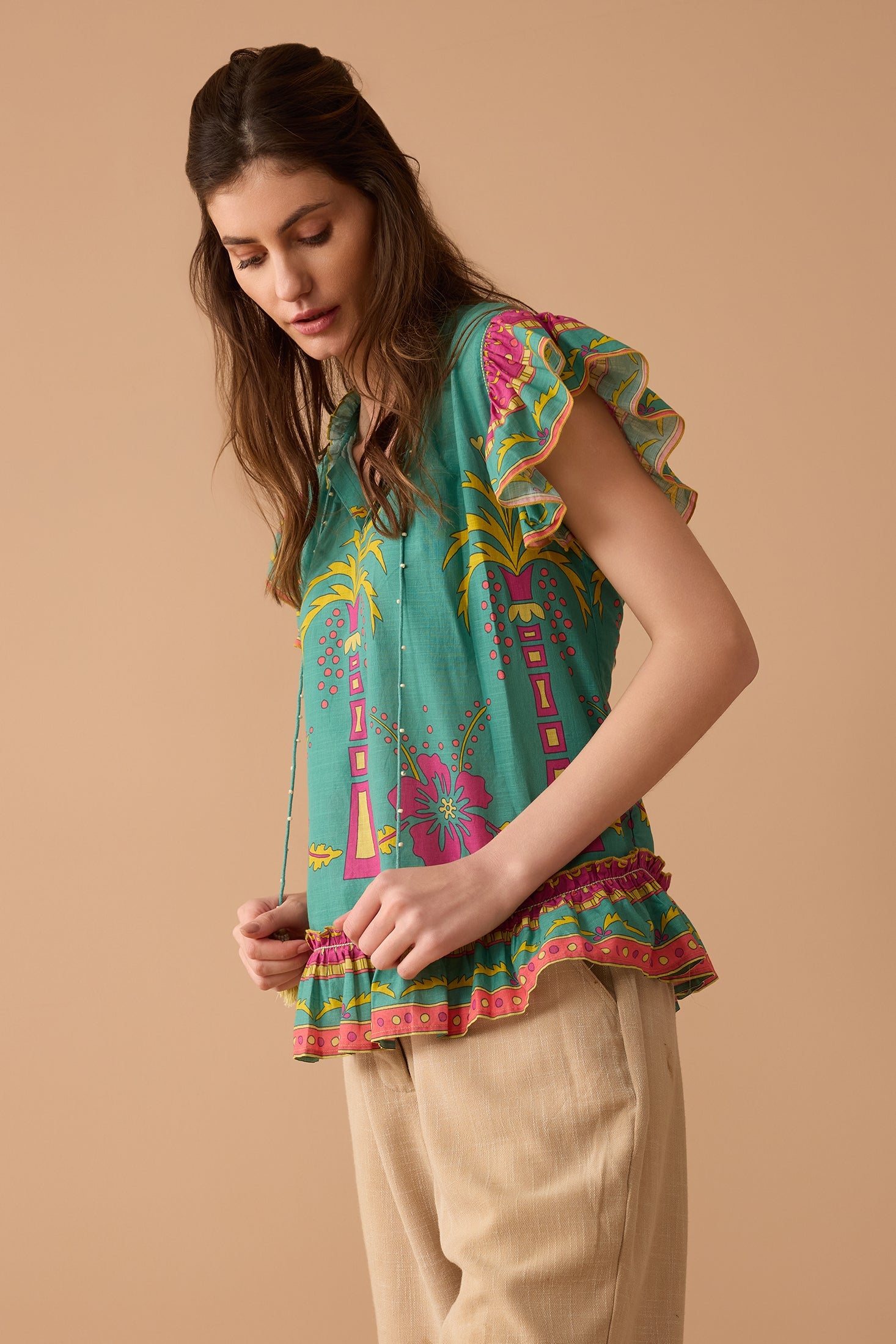 Coconut Island Ruffled Top In Turquoise - Myra USA