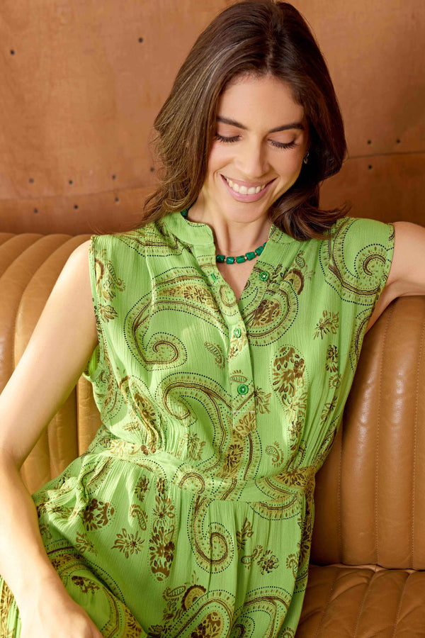 Bohera Leaf Whorl Printed Button Front Sleeveless Midi Dress in Laurel Green - Myra USA