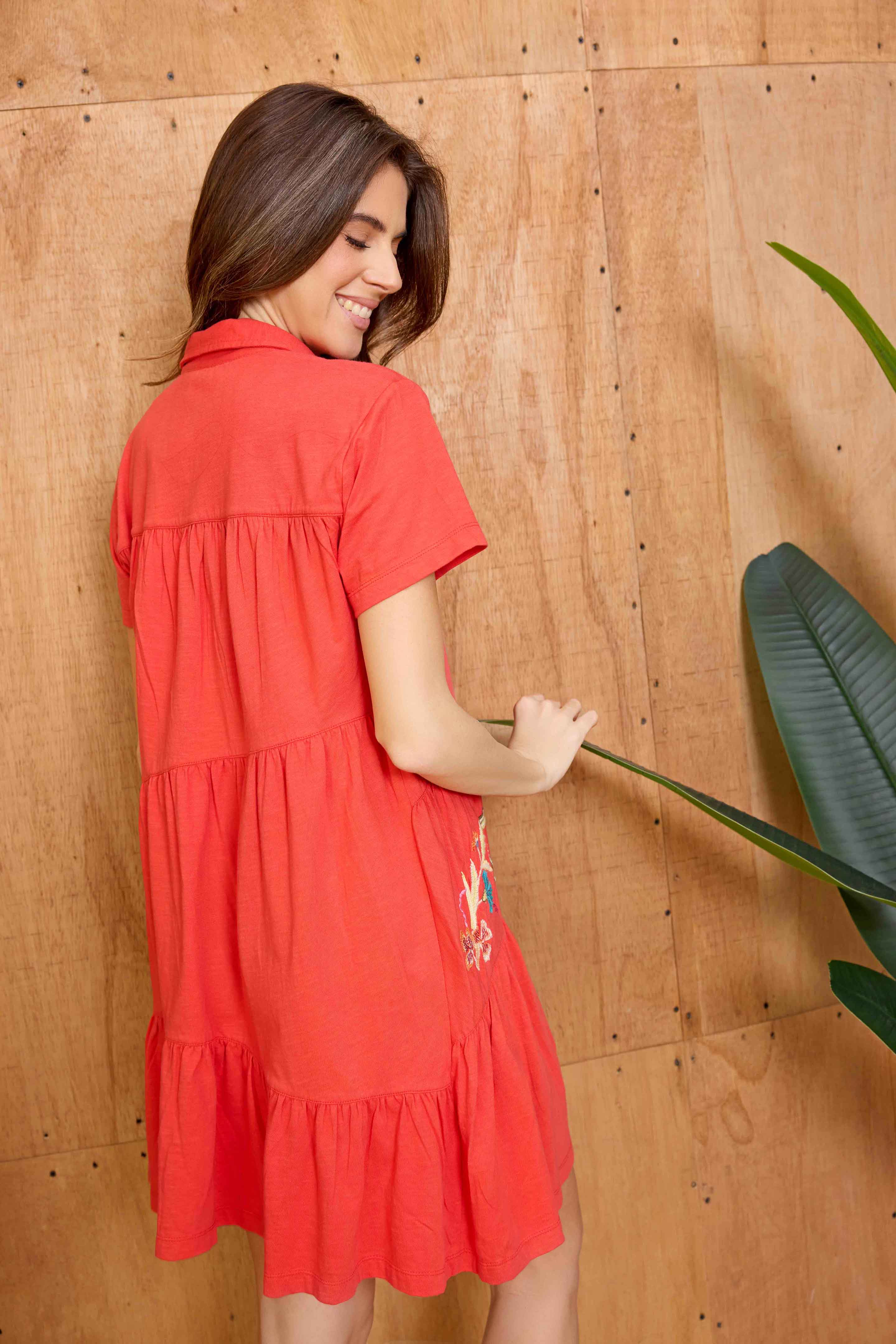 Bohera Sunweave Embroidered Button-Front Tiered Midi Dress in Canyon Ember - Myra USA