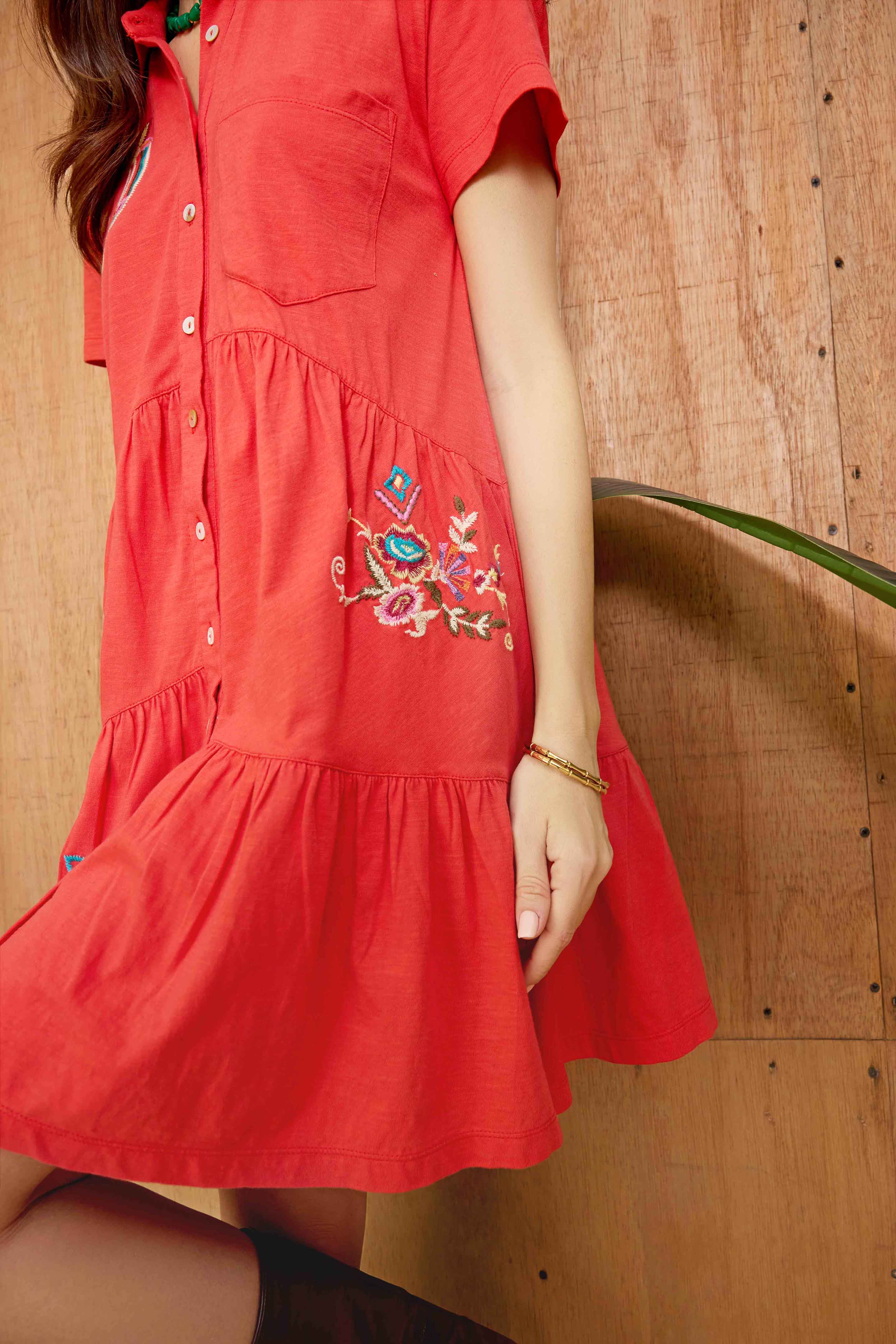 Bohera Sunweave Embroidered Button-Front Tiered Midi Dress in Canyon Ember - Myra USA