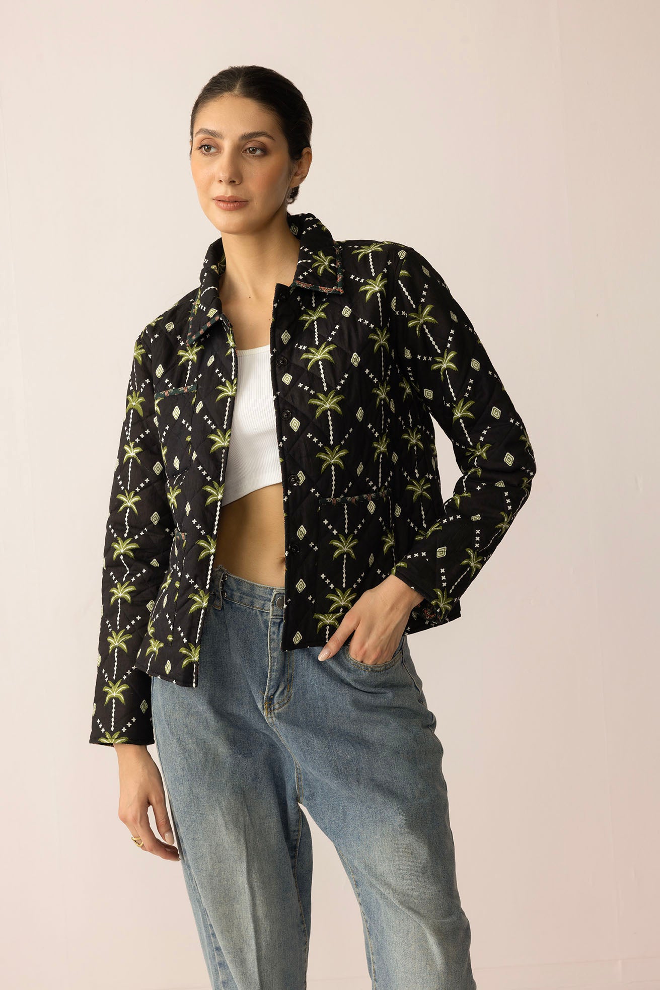 Everglade Dreams Cotton Jacket in Midnight Black & Green