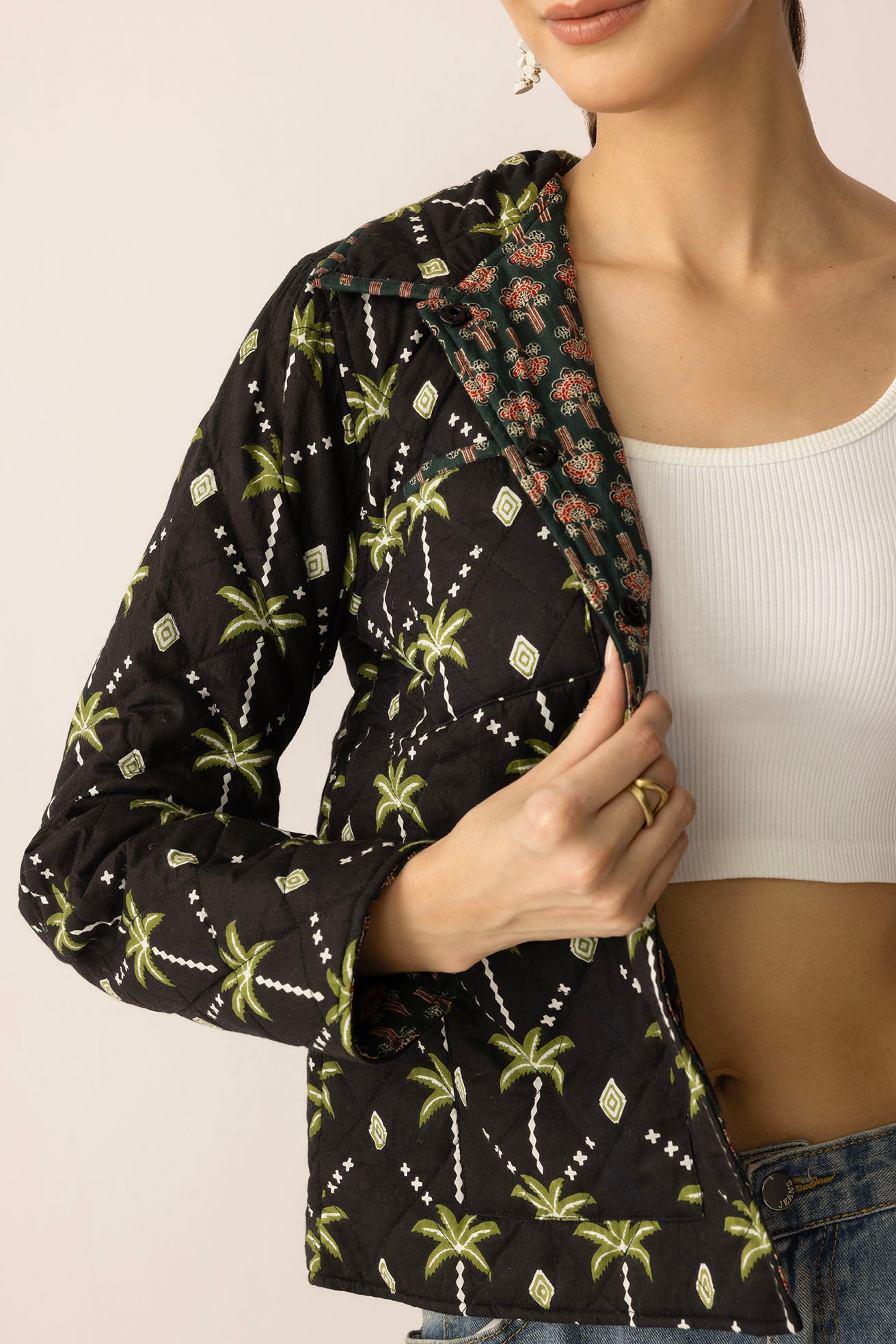 Everglade Dreams Cotton Jacket in Midnight Black & Green