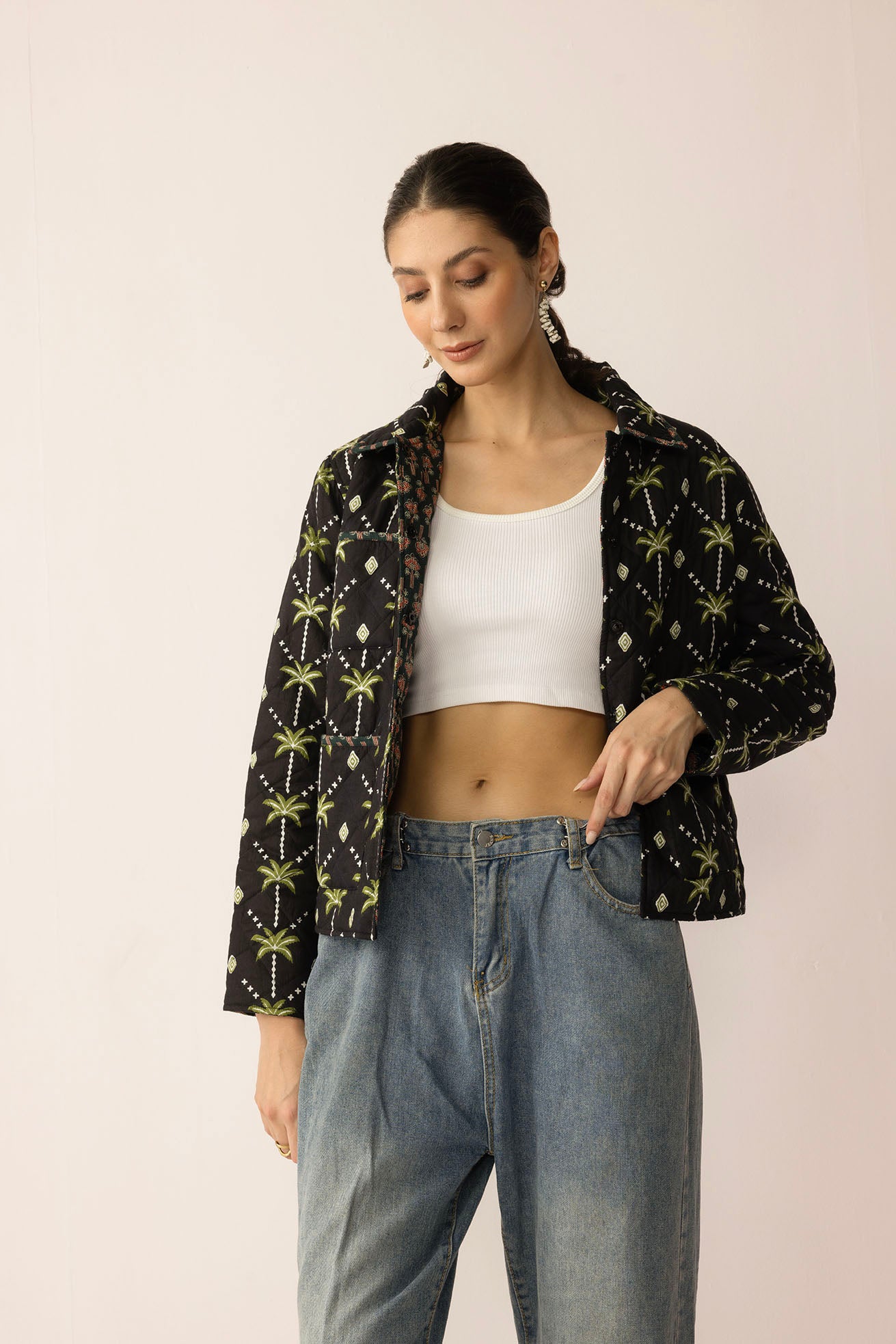 Everglade Dreams Cotton Jacket in Midnight Black & Green