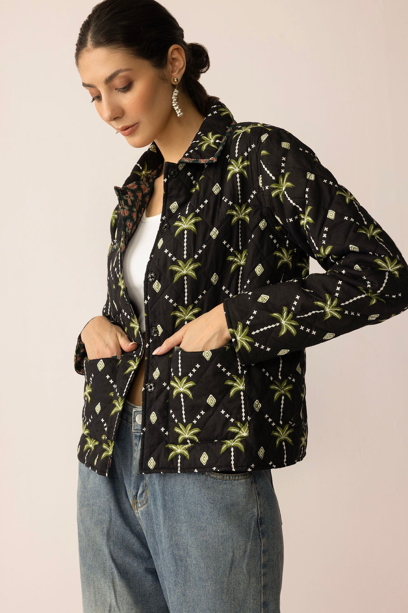 Everglade Dreams Cotton Jacket in Midnight Black & Green