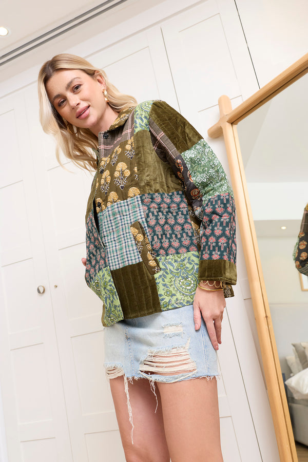 Meadow Folk Quilted Jacket with Patchwork in Dusty Green - Myra USA
