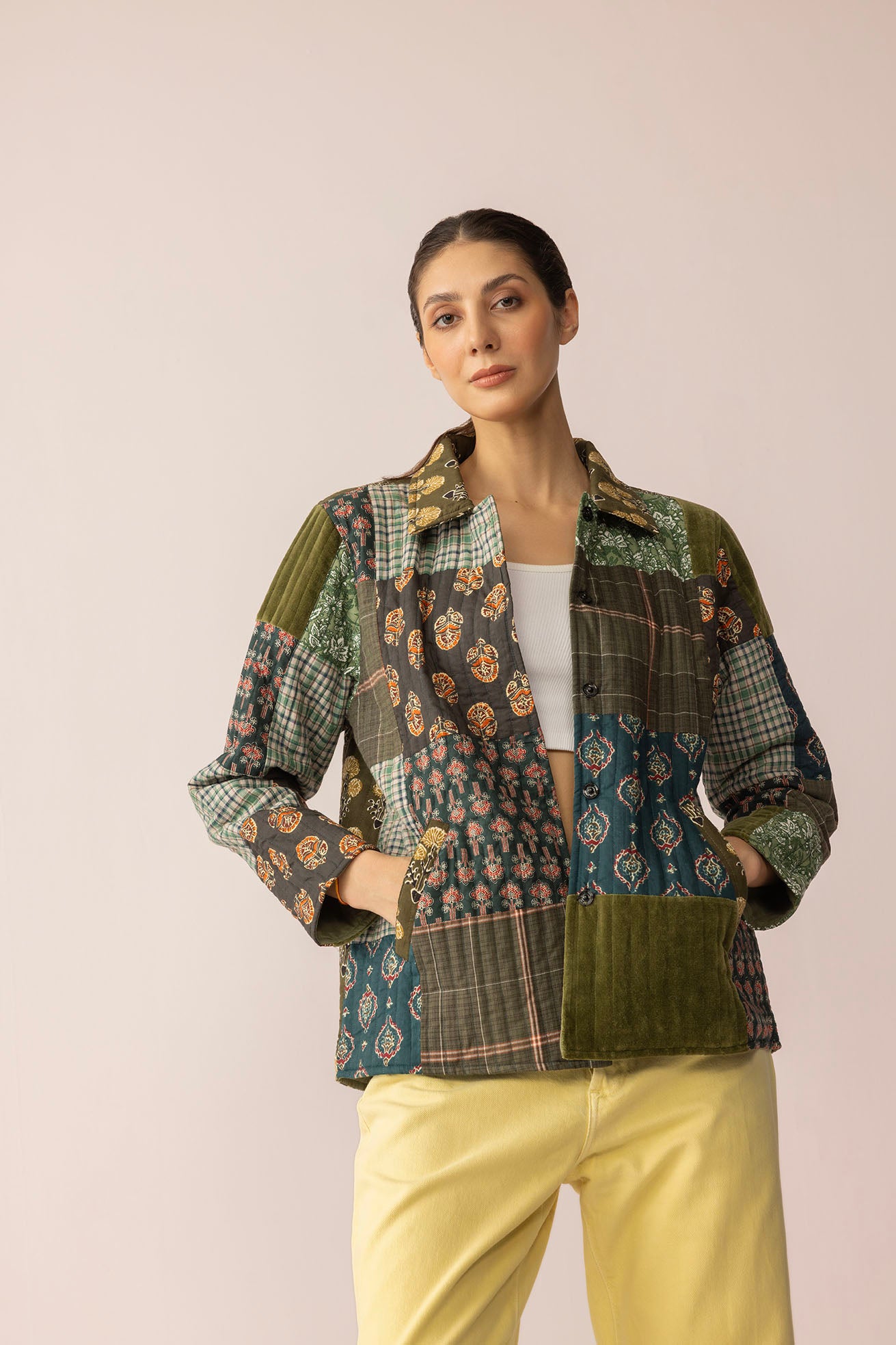Meadow Folk Quilted Jacket with Patchwork in Dusty Green - Myra USA